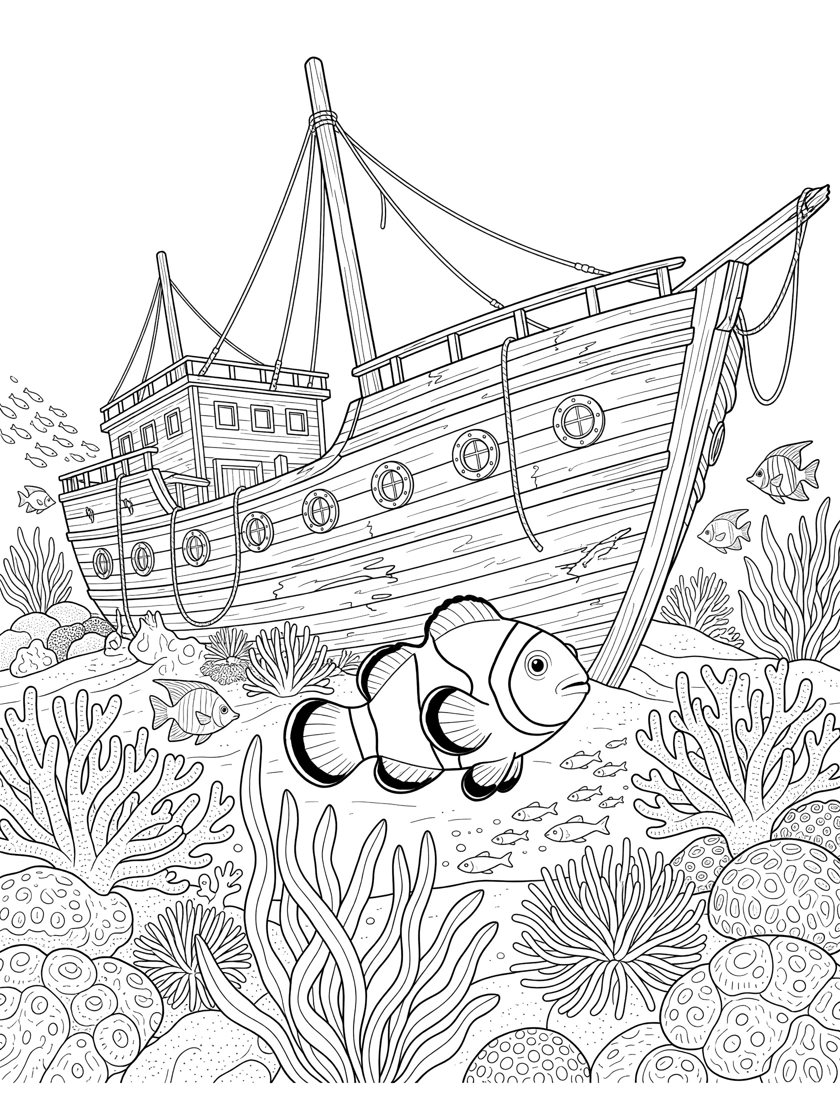 Black and white line art coloring page showing a clownfish swimming past a sunken wooden shipwreck surrounded by coral reefs, seaweed, and small fish.
