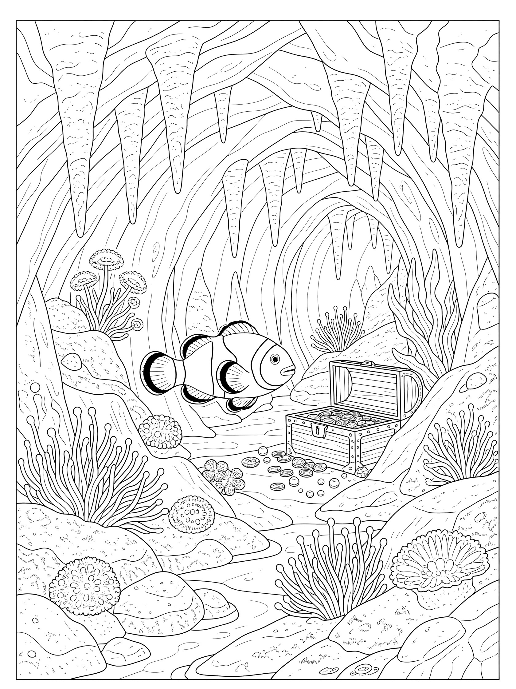 Black and white line art coloring page showing a clownfish swimming by an open treasure chest full of coins in an underwater cave with hanging stalactites, seaweed, rocks, shells, and mushrooms. Sea Anemone themed black and white printable line art