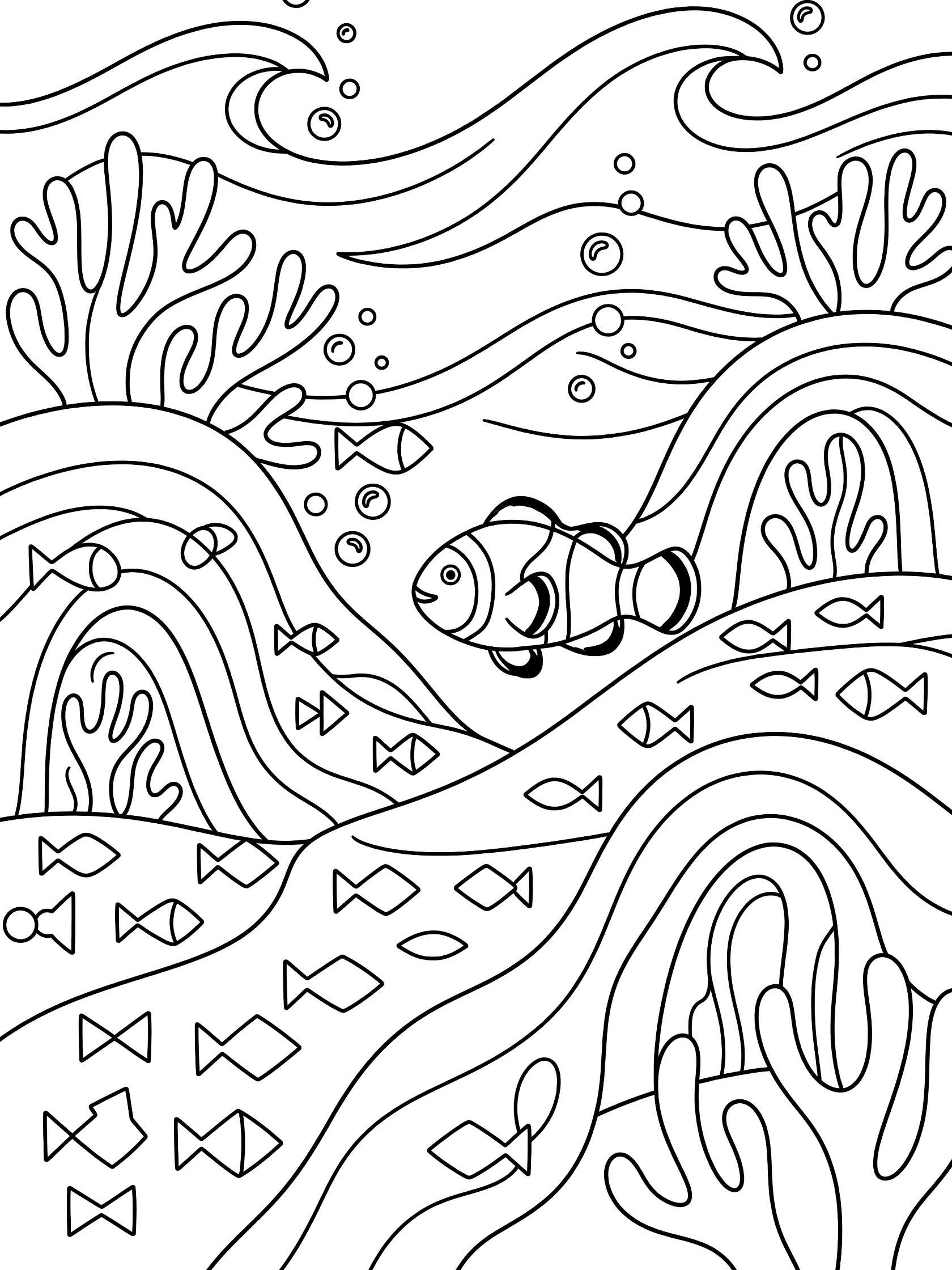 Printable coloring page showing a striped clownfish swimming after a group of tiny fish amid coral shapes and ocean waves with bubbles