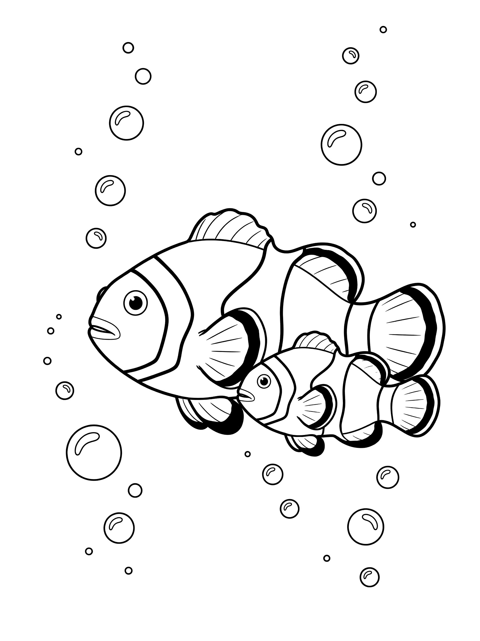Black and white coloring page of two clownfish, a larger one and a smaller baby one, swimming side by side with round bubbles floating around them.