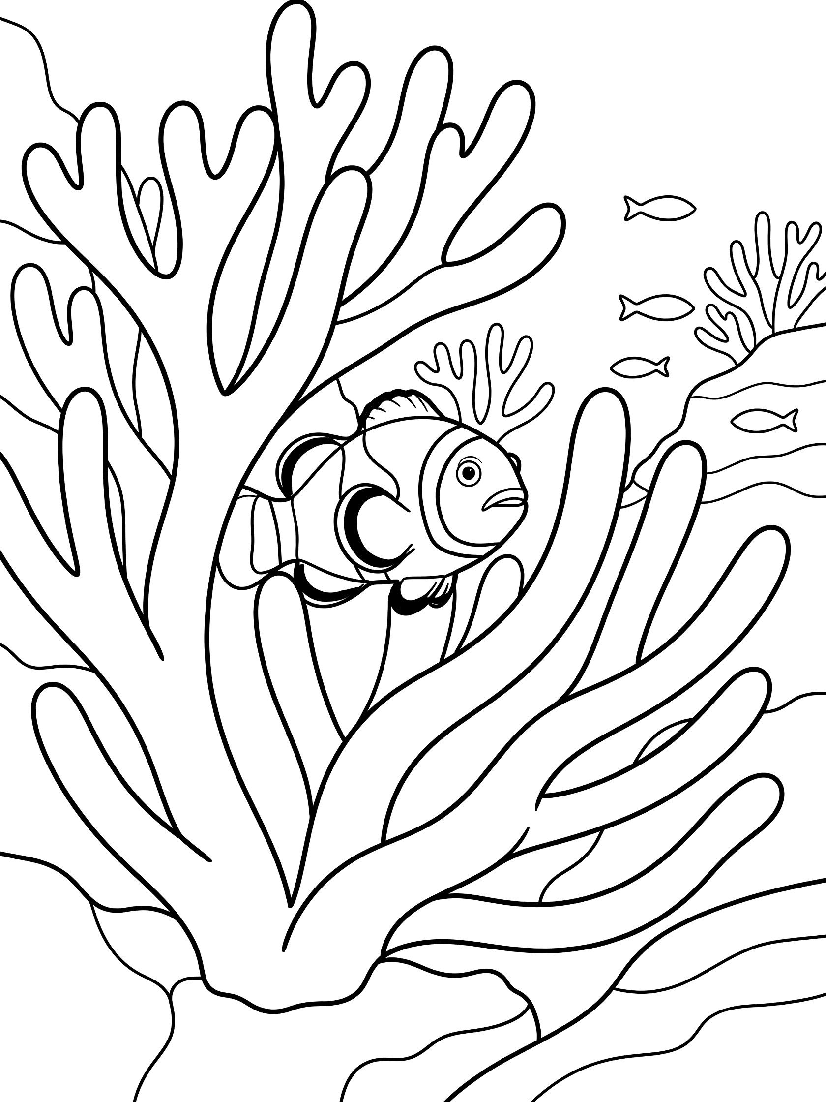 Black and white line art coloring page showing a clownfish hiding in a sea anemone surrounded by coral branches and small swimming fish