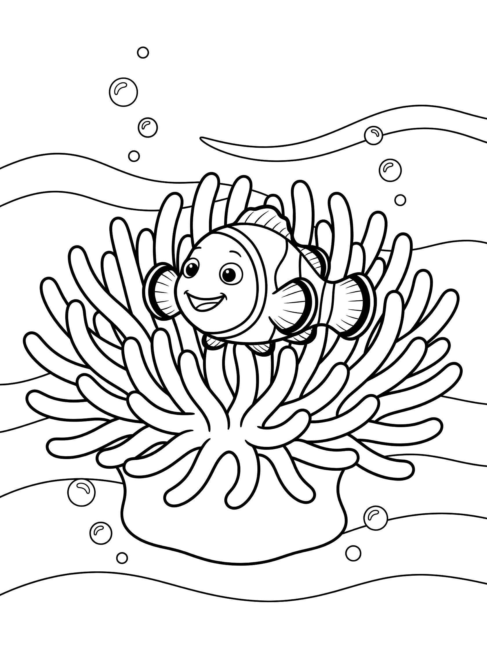 Black and white line art coloring page showing a smiling clownfish with big eyes peeking from a bushy sea anemone surrounded by gentle waves and bubbles.