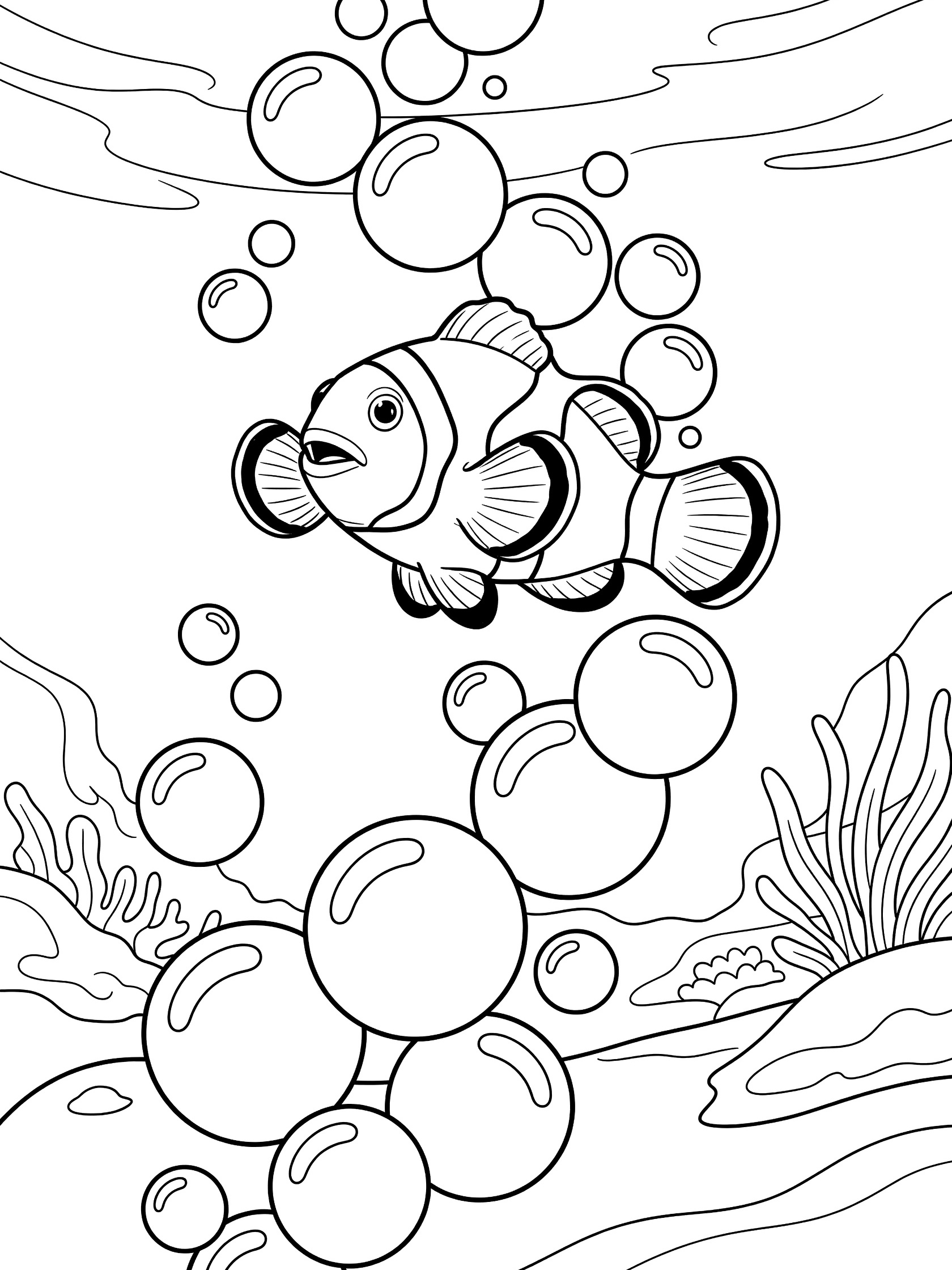 Black and white line art coloring page showing a clownfish leaping through a chain of large bubbles surrounded by seaweed in the sea