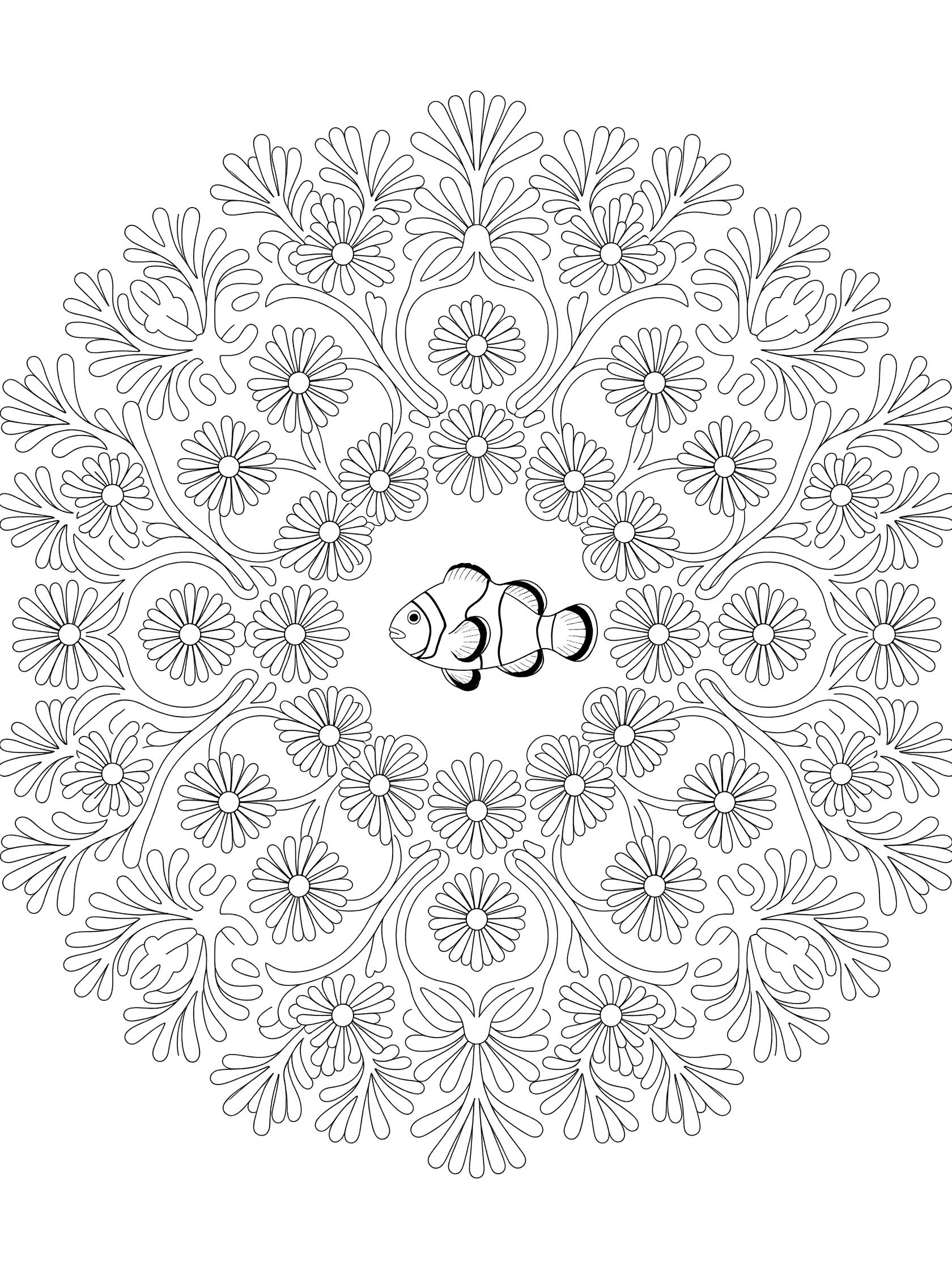 Black and white line art of a central clownfish surrounded by symmetrical flower-like corals and vine patterns in a mandala design.