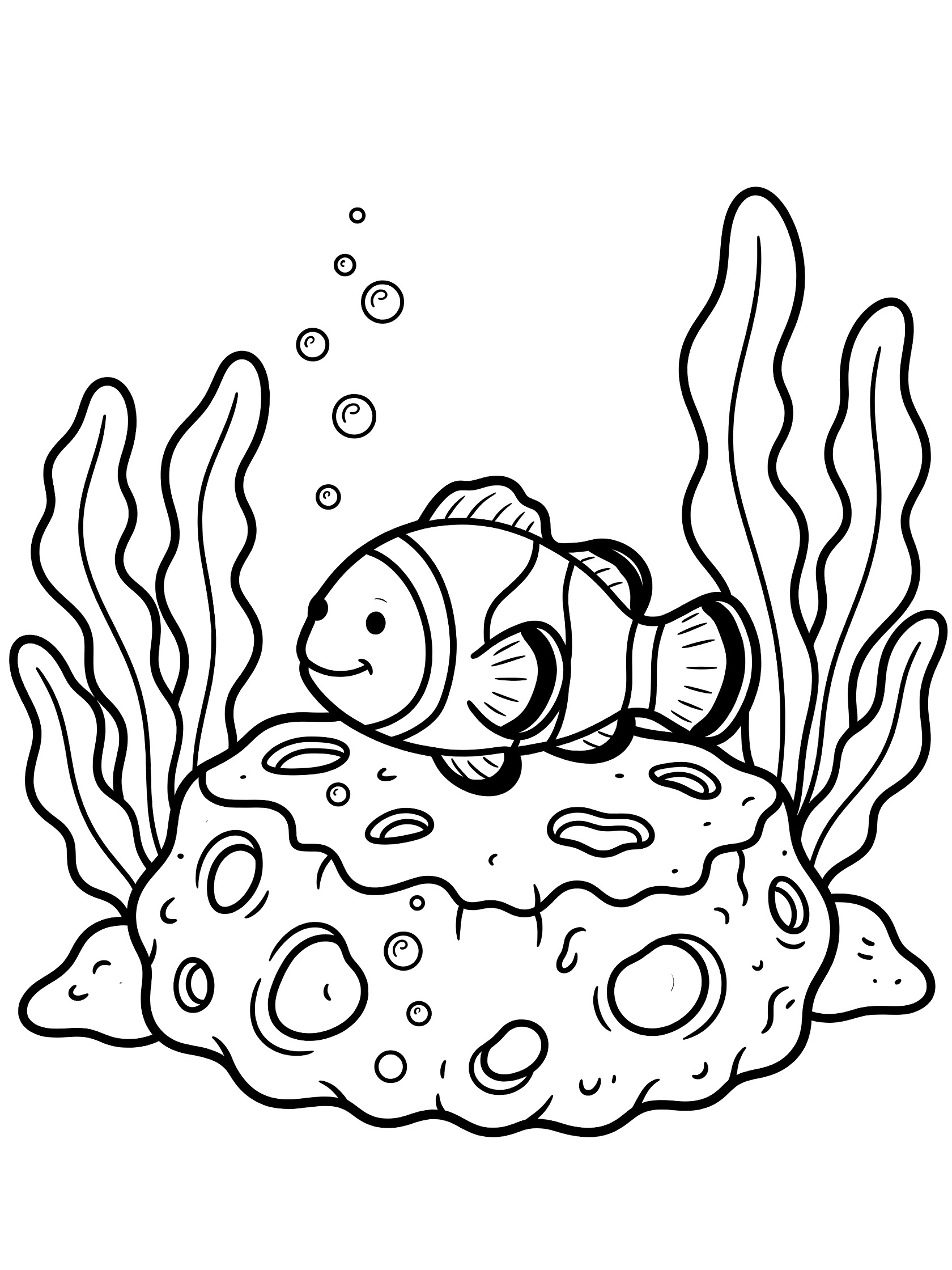 Black and white line art coloring page showing a happy clownfish sitting on a large porous anemone with rising bubbles and framing seaweed. Sea Anemone themed black and white printable line art