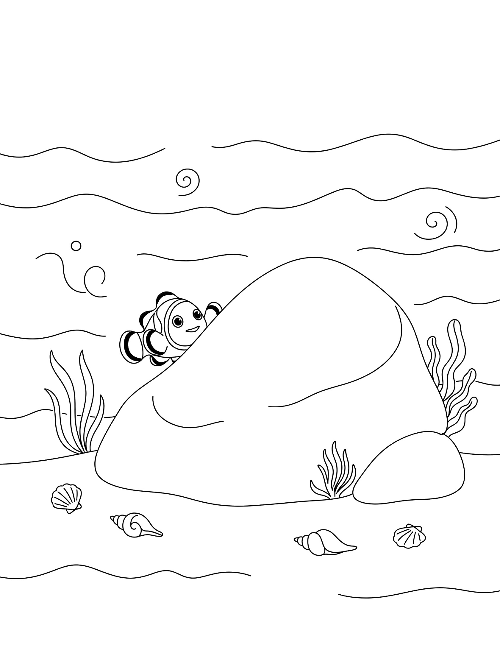 Black and white line art coloring page showing a clownfish peeking shyly behind a large rock, surrounded by shells, seaweed, and wavy ocean water lines.