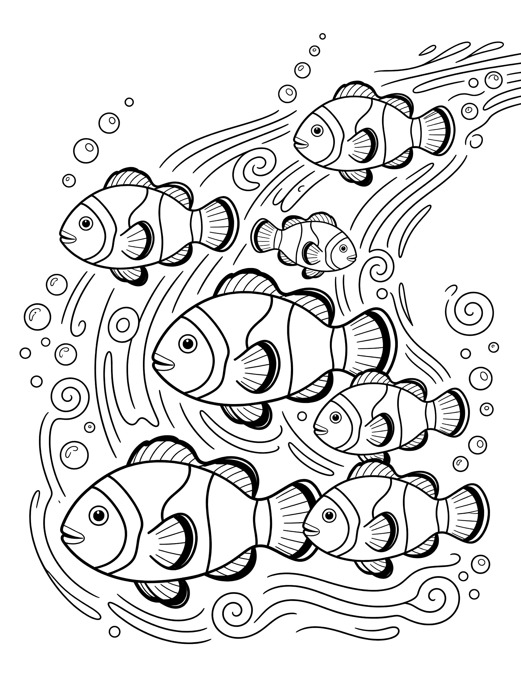 Black and white line art coloring page showing a group of five clownfish swimming in open water with bubbles and wavy motion lines.
