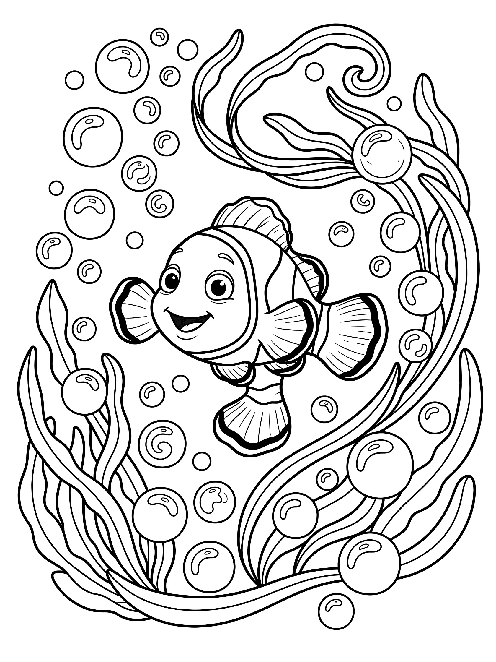 Black and white line art coloring page showing a smiling clownfish with striped body, fins, big eyes, swirling bubbles, and flowing seaweed.