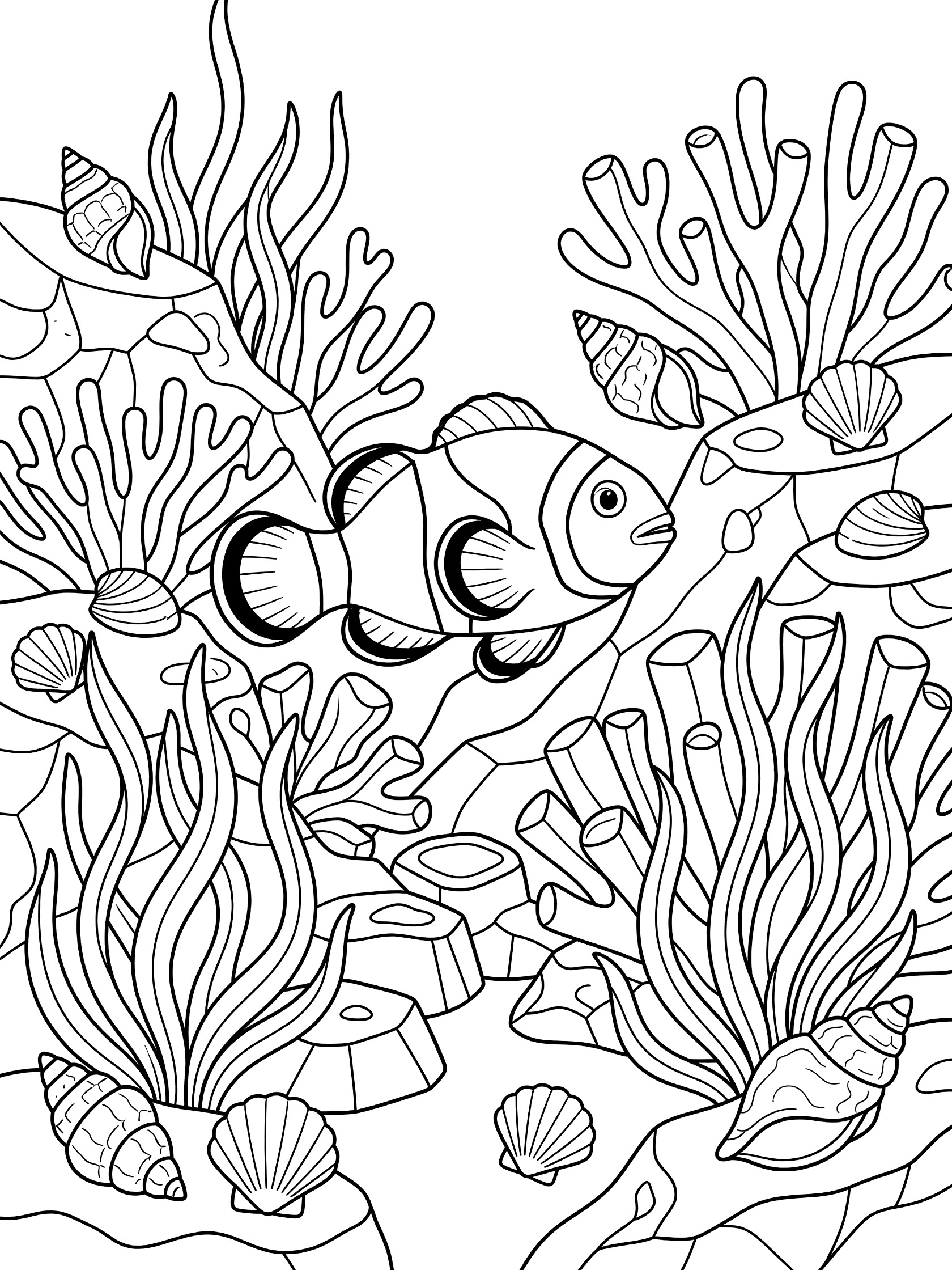 Black and white line art coloring page showing a clownfish near coral branches, wavy seaweed, rocks and scattered shells on a reef.