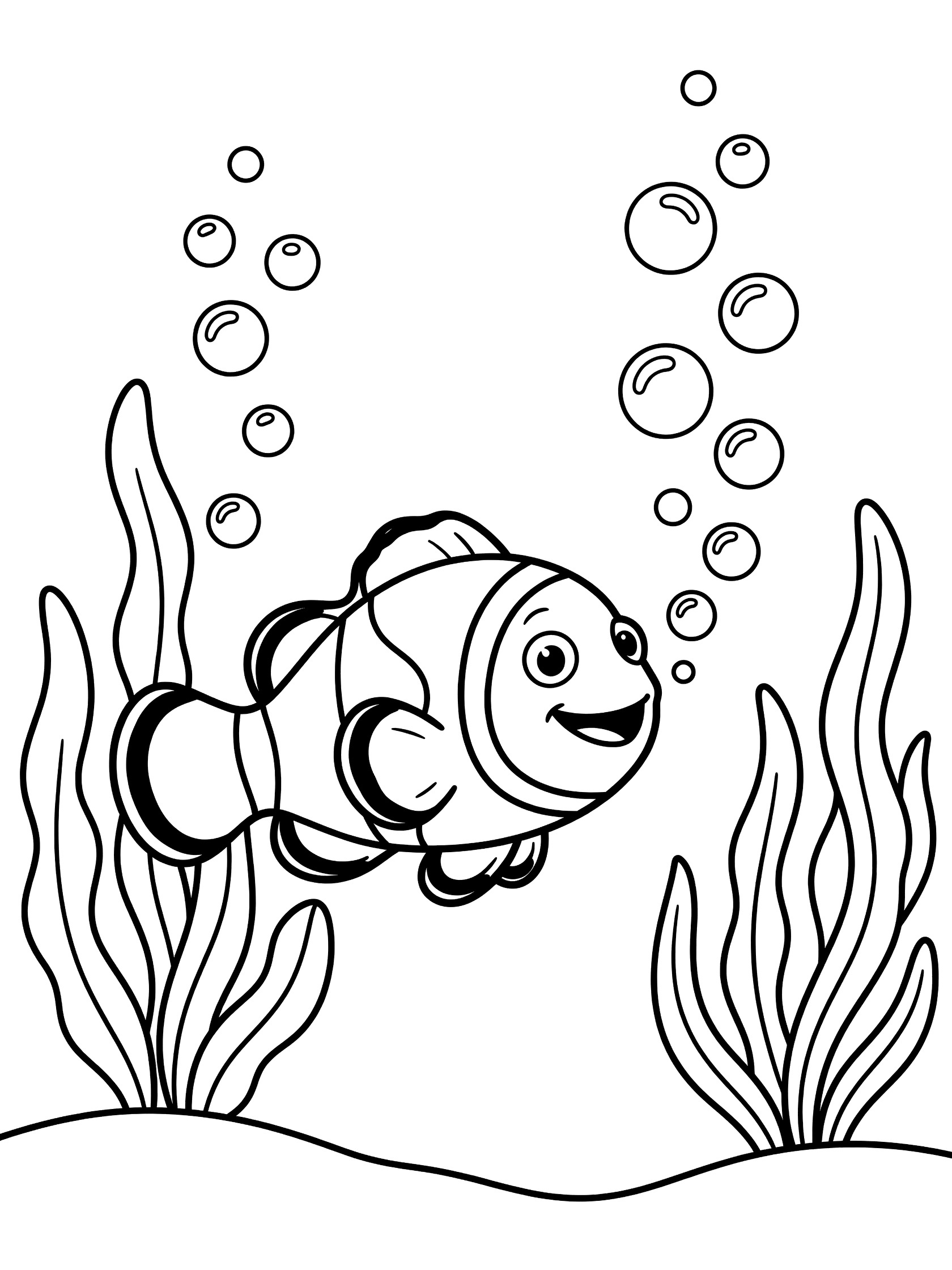 Black and white line drawing of a smiling clownfish swimming among large bubbles and tall seaweed on a white background