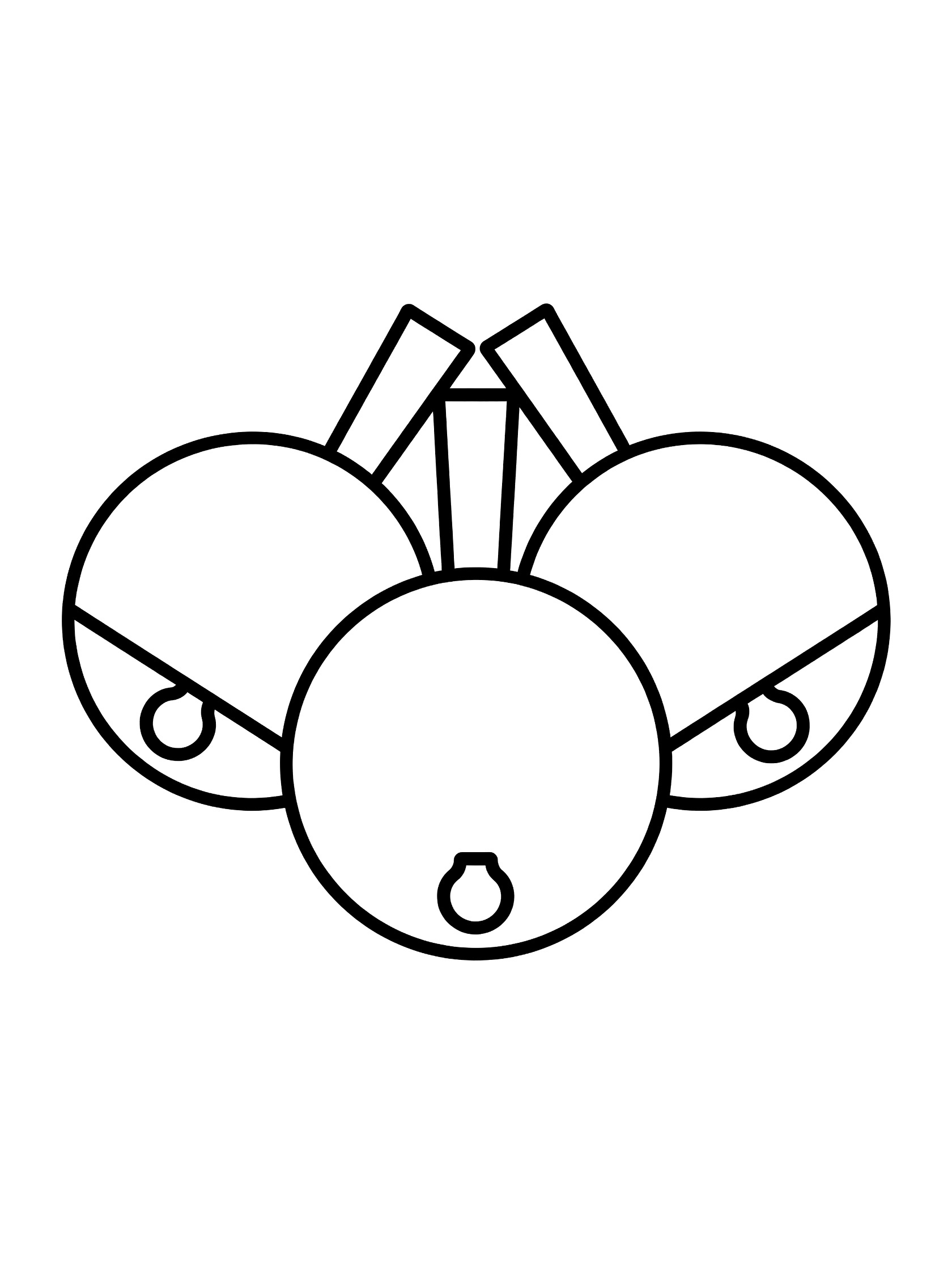 Black and white line drawing of three round bells dangling on short ribbons with clappers inside, perfect for coloring.