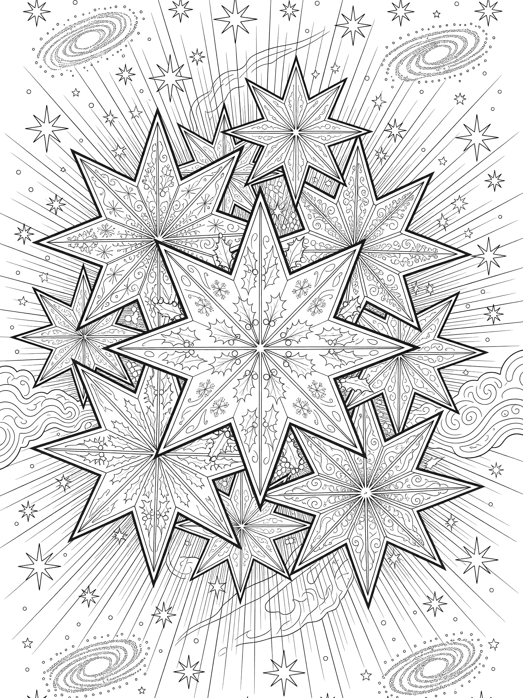 Black and white line art coloring page showing a cluster of ornate multi-pointed Christmas stars with intricate patterns, surrounded by smaller stars, nebula swirls, and galaxies on a white background.