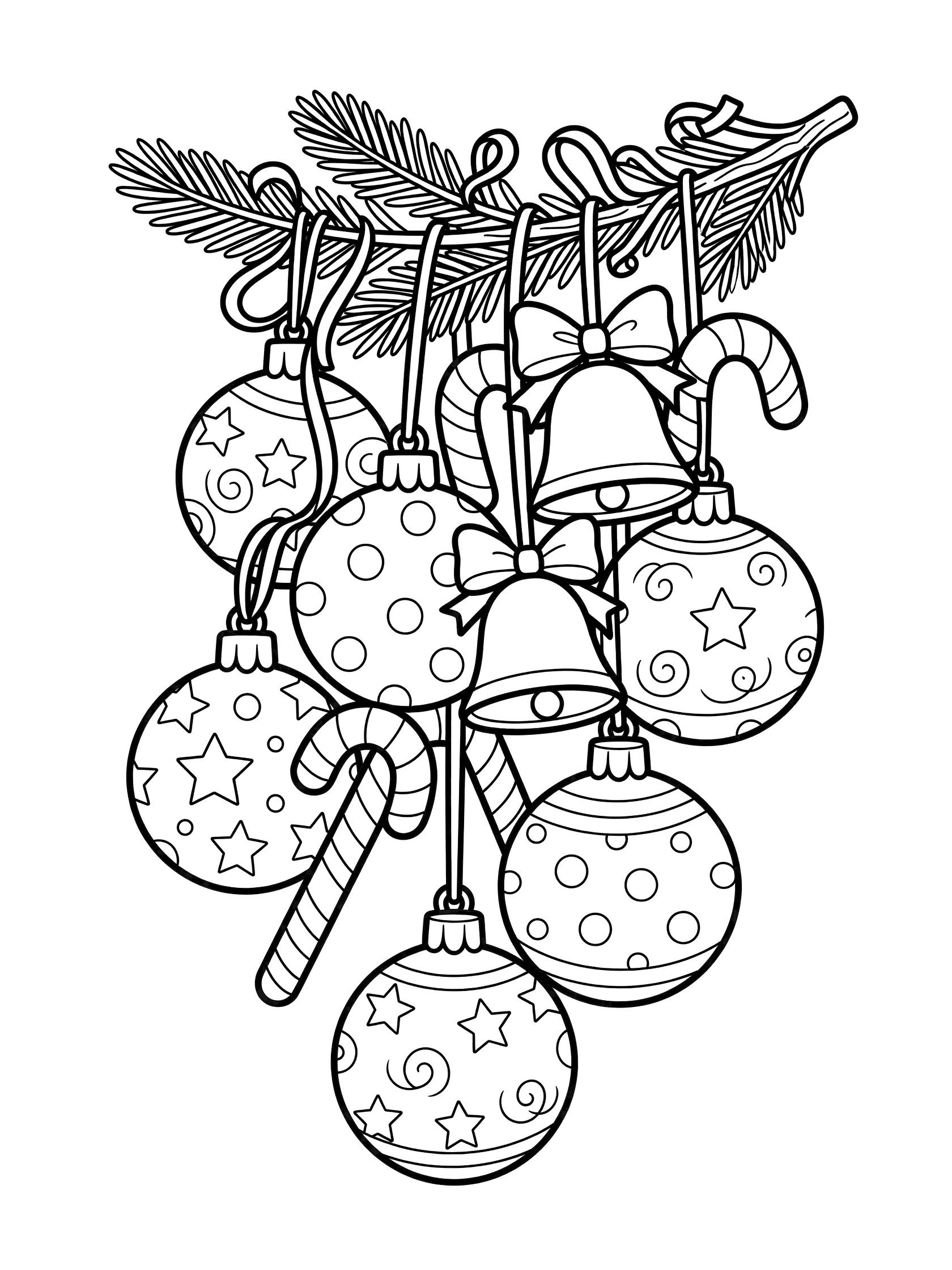 Black and white line art coloring page showing a cluster of cartoon Christmas ornaments dangling from a curly pine branch with balls, bells, stars, polka dots, candy canes, and ribbons.