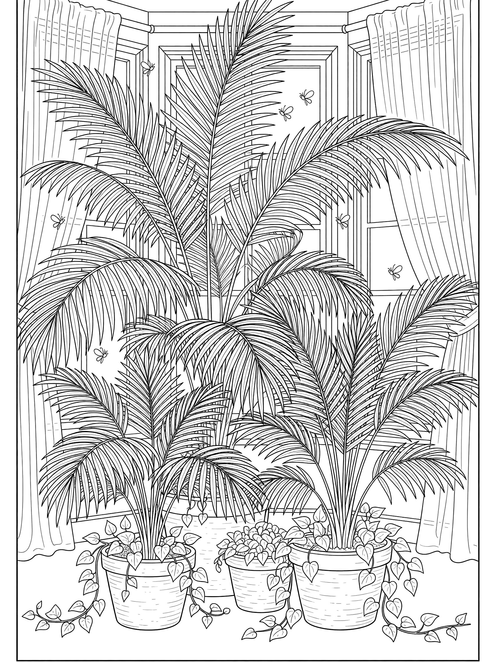 Black and white coloring page showing a cluster of parlor palms with feathery fronds in pots near a window with sheer curtains, tiny fireflies, and vines.