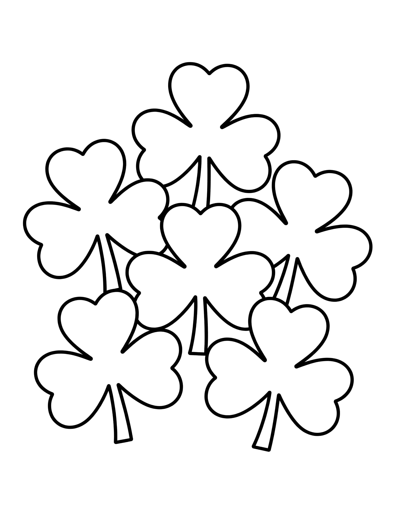 Black and white line art coloring page showing five shamrocks clustered together with overlapping leaves and stems
