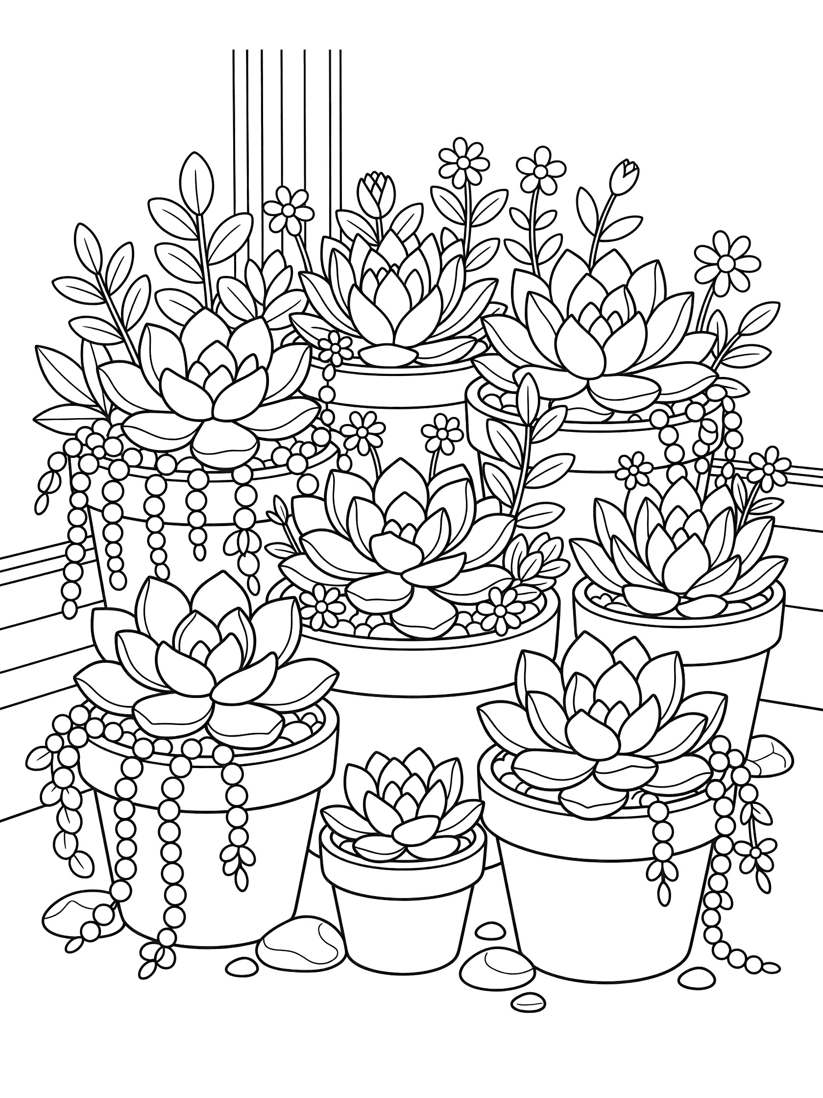 Black and white line art of multiple succulents in round pots, with trailing leaves, small flowers, and pebbles on white background.