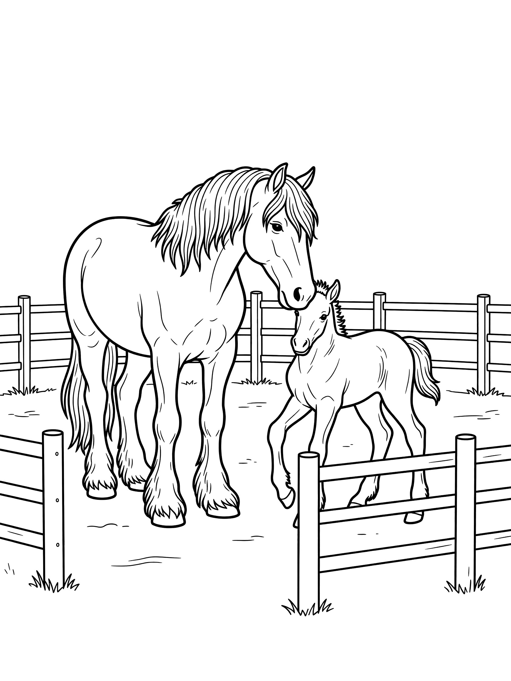 Black and white line art of a Clydesdale horse and foal in a paddock fence, perfect for kids coloring
