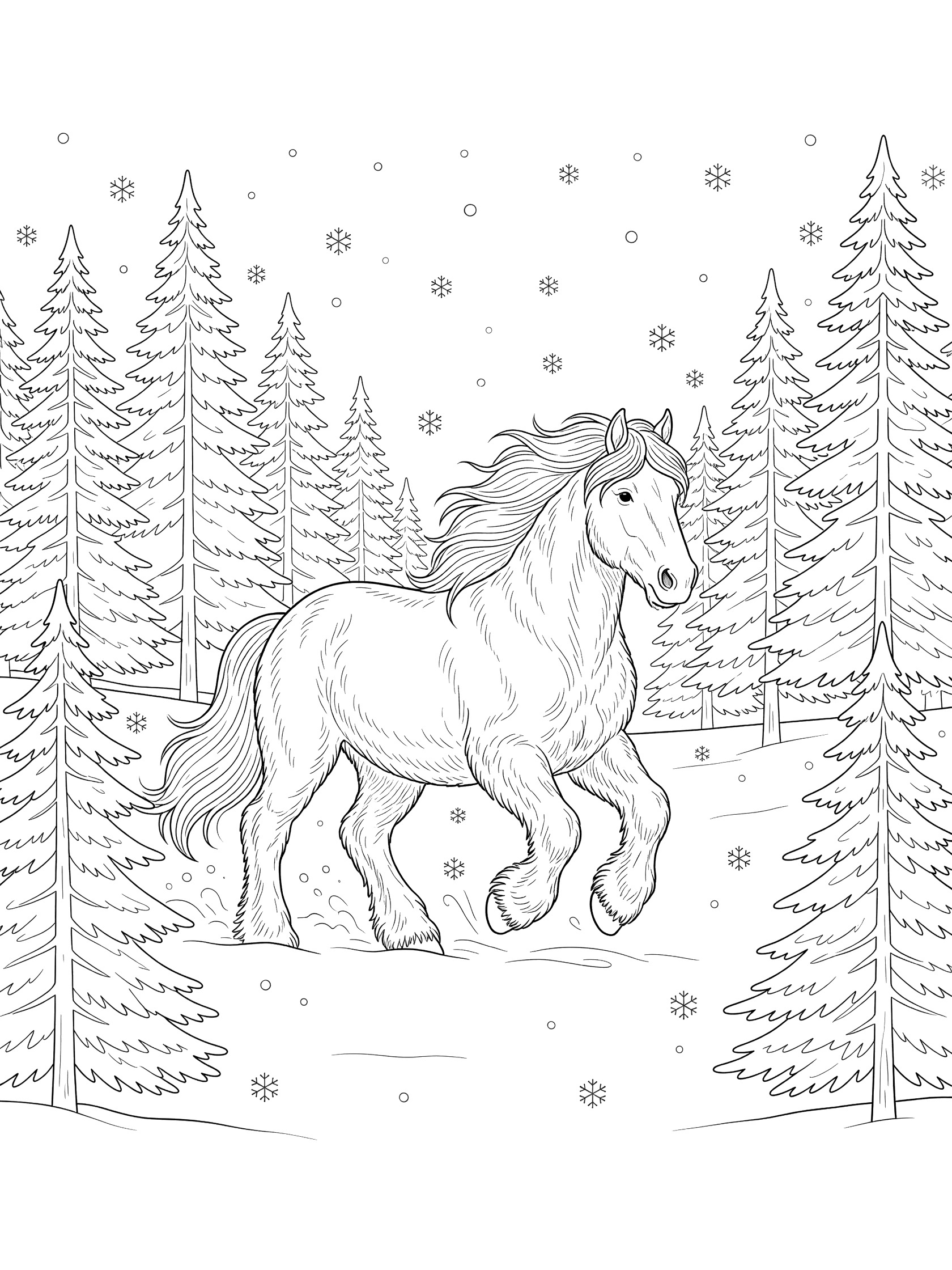 Black and white line art coloring page showing a Clydesdale horse with flowing mane trotting in snowy field surrounded by pine trees and snowflakes
