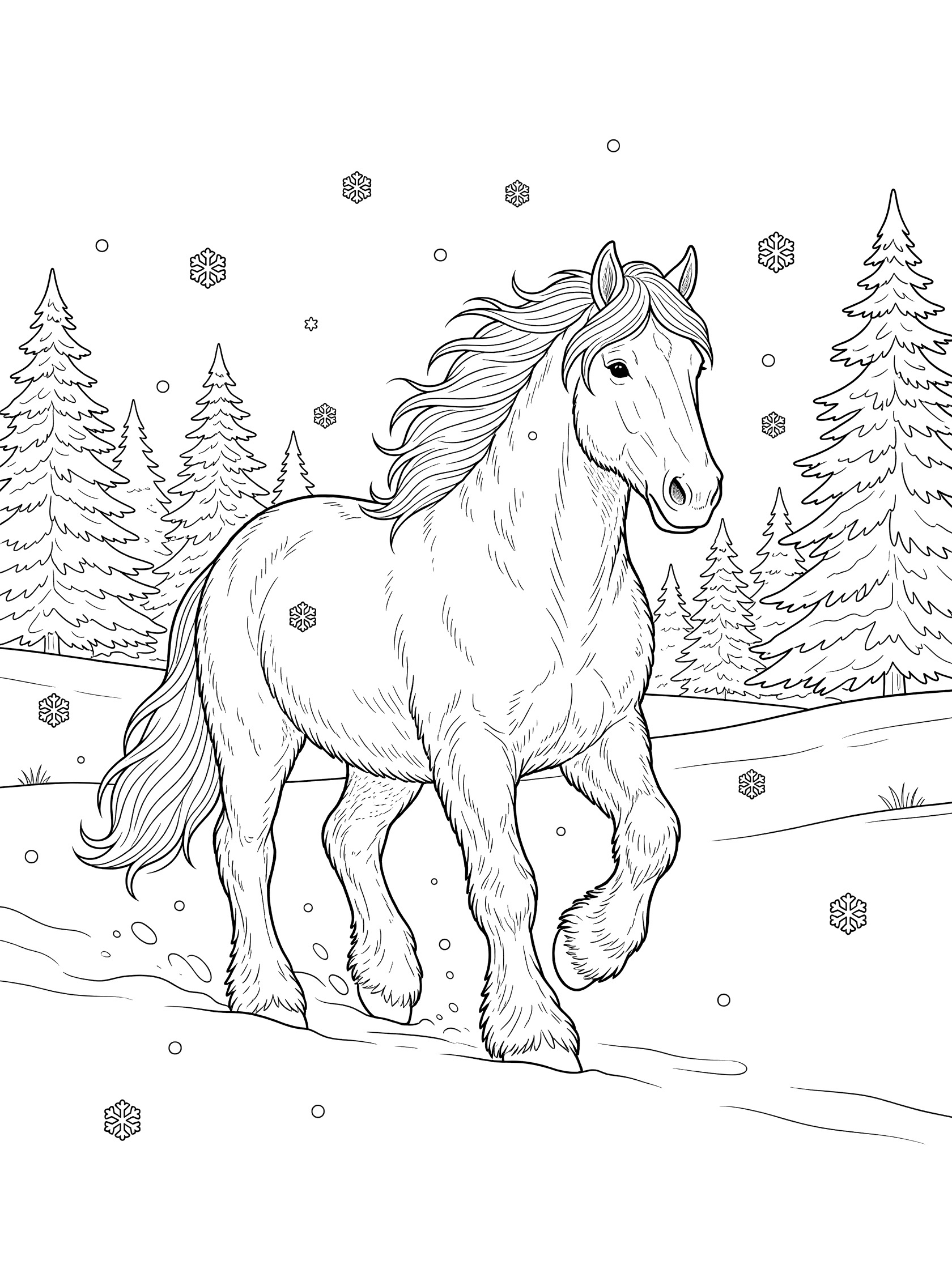 Black and white line art of a fluffy Clydesdale horse with flowing mane trotting in a snowy field surrounded by pine trees and falling snowflakes, coloring book style.