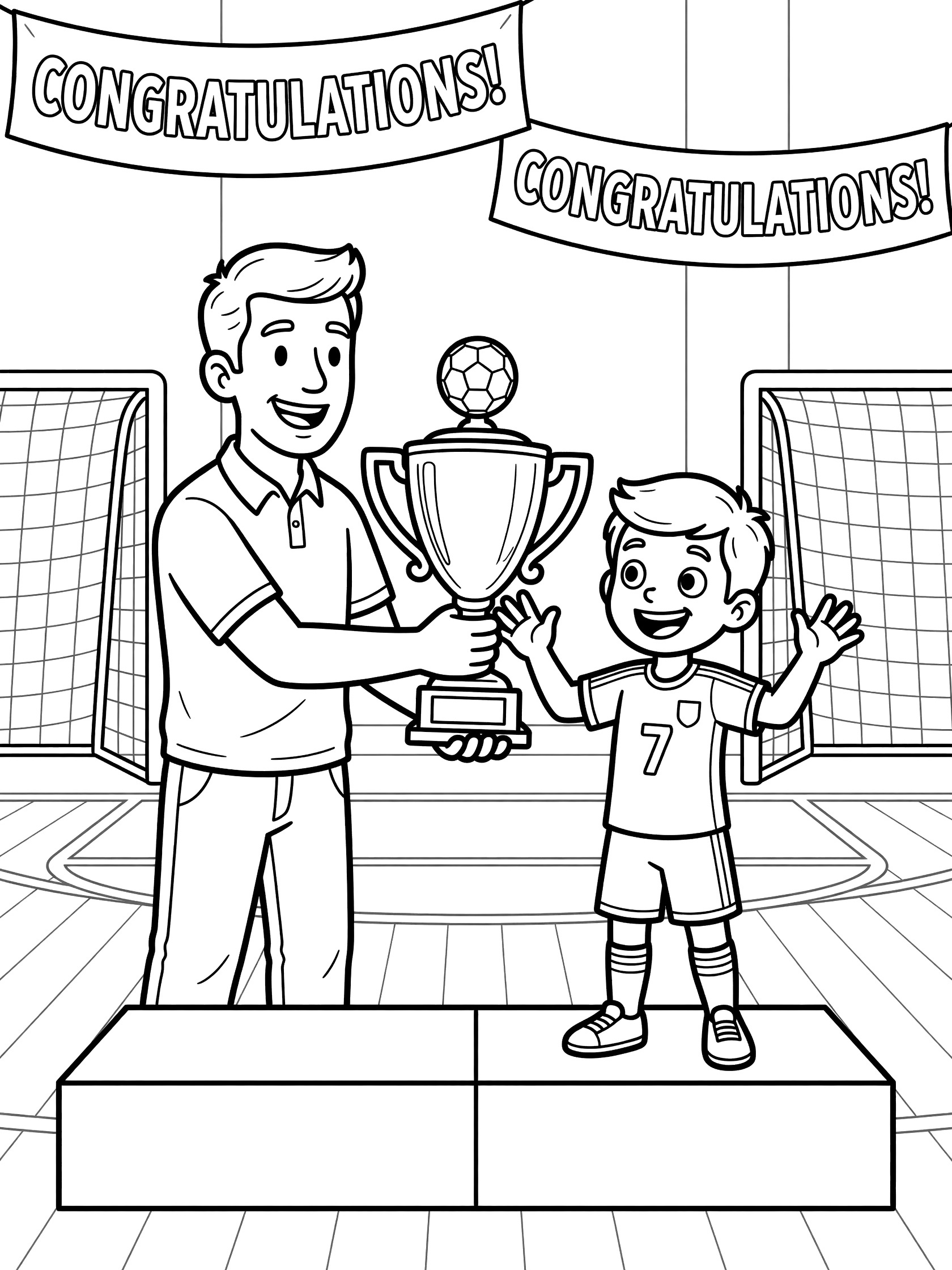 Black and white line art coloring page showing a coach presenting a soccer trophy to a beaming young soccer player on a stage with congratulation banners and goals in the background