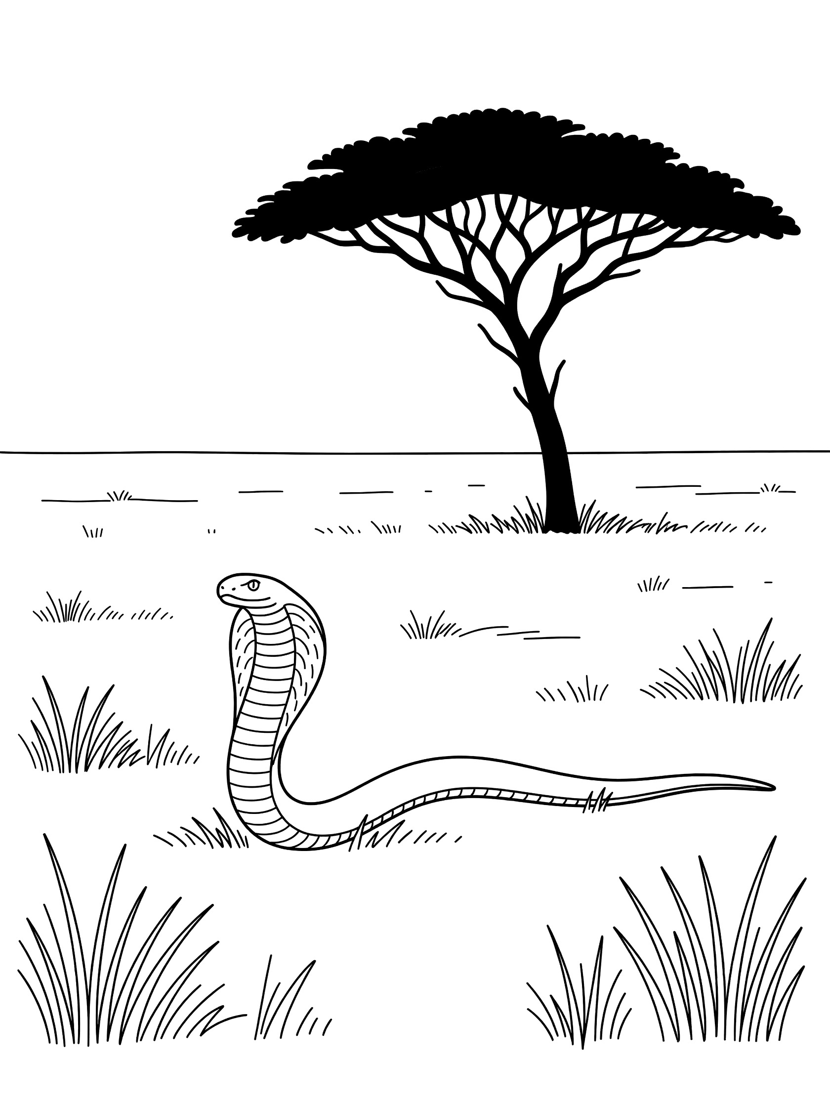 Black and white line art coloring page showing a cobra snake near an acacia tree on open savanna plains with grass tufts