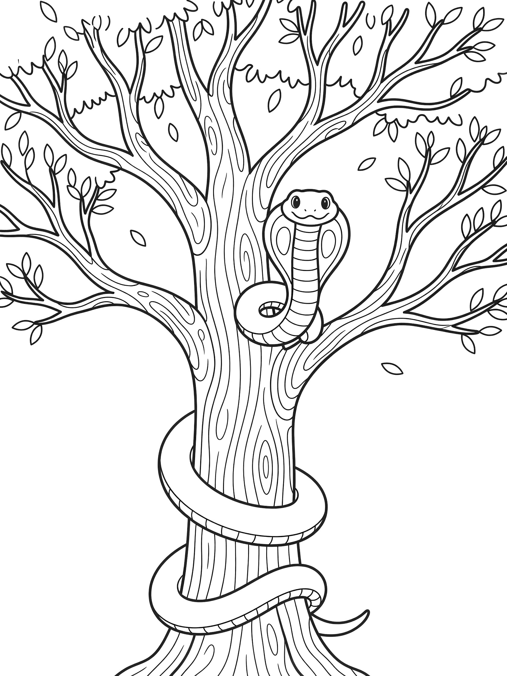Black and white line art coloring page showing a cobra snake wrapped around and climbing the trunk of a tall tree with branches and scattered leaves.