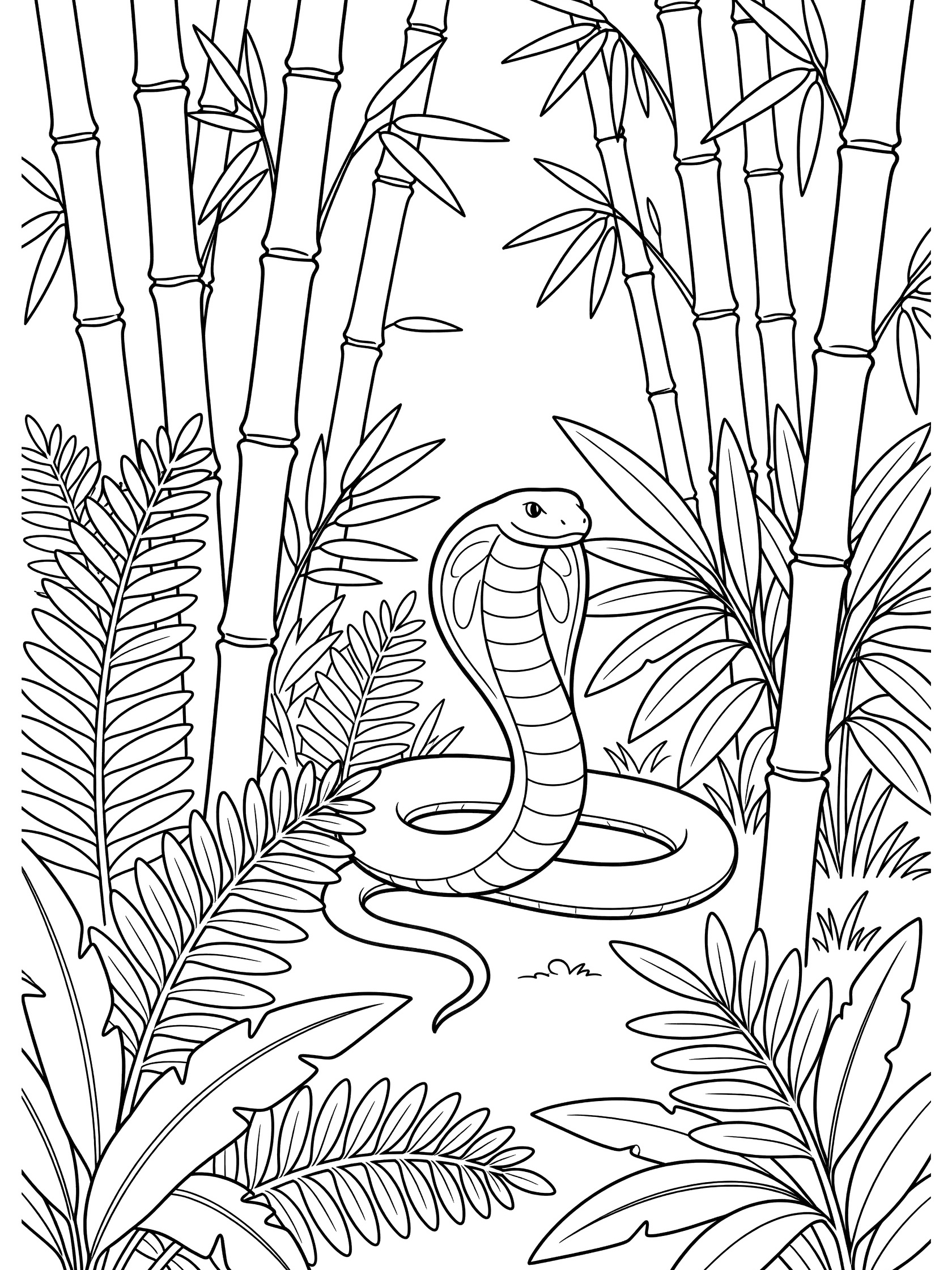Black and white line art coloring page showing a cobra snake with hood raised, coiled on ground surrounded by bamboo stalks and fern leaves in a jungle setting.