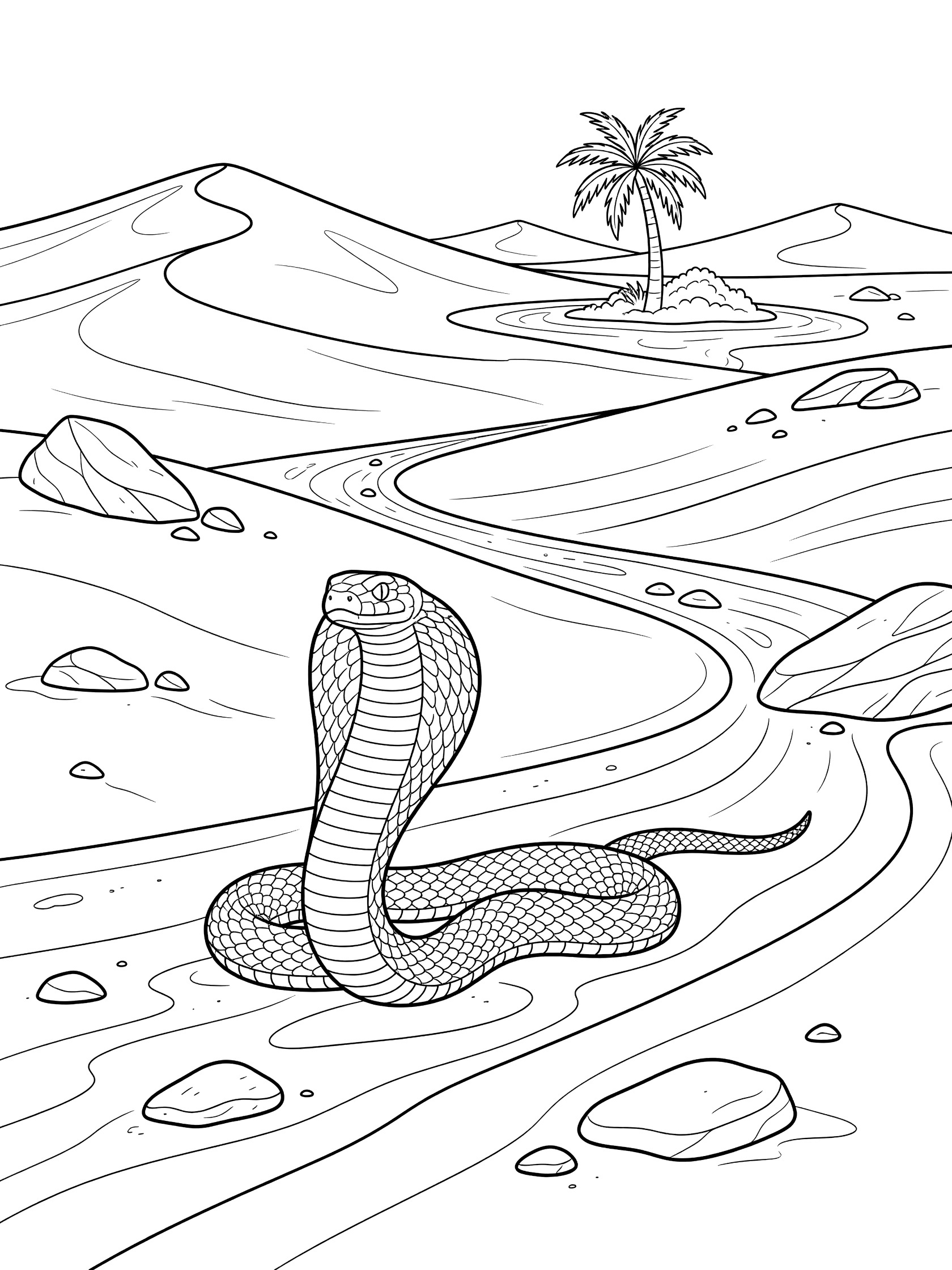 Black and white line art coloring page showing a cobra snake with hood raised slithering on a sandy desert path toward a distant oasis with palm tree, surrounded by dunes and scattered rocks.