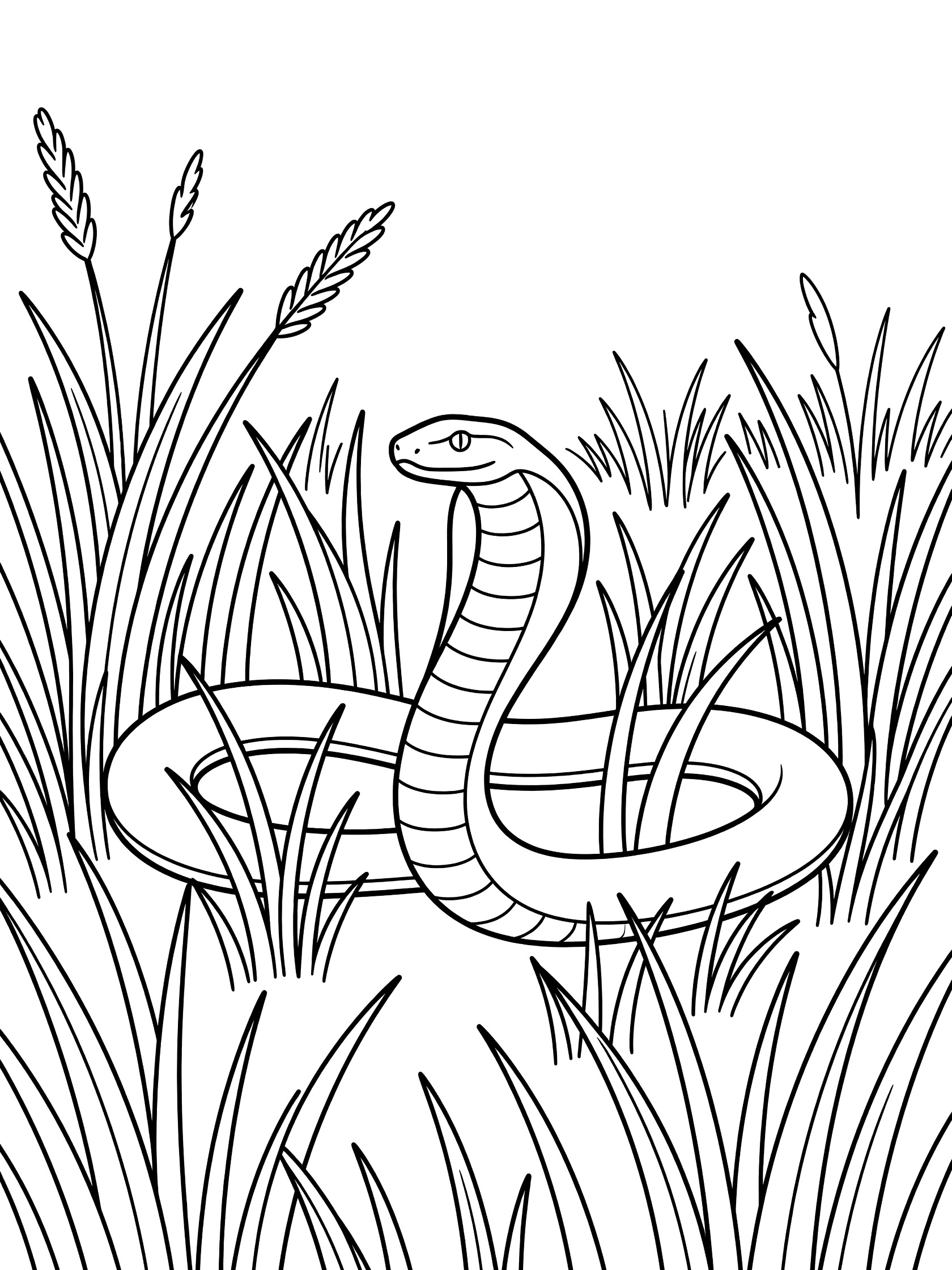 Black and white line art coloring page showing a cobra snake with hood raised, coiled body slithering through tall grass blades on a white background.