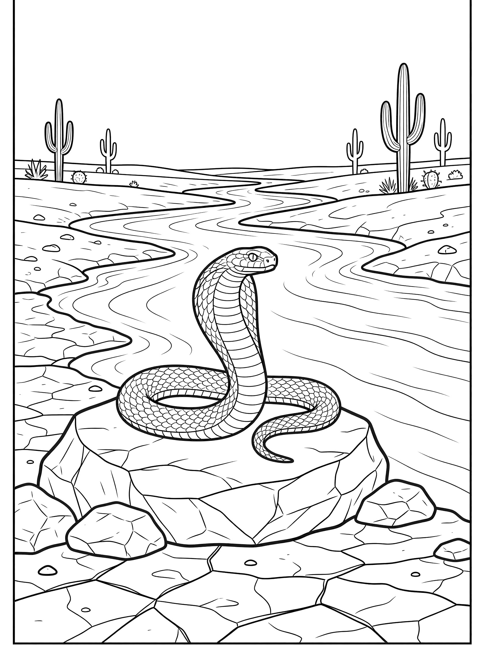 Black and white line art coloring page showing a cobra snake coiled on a rock beside a winding dry riverbed and tall cactus plants in the desert