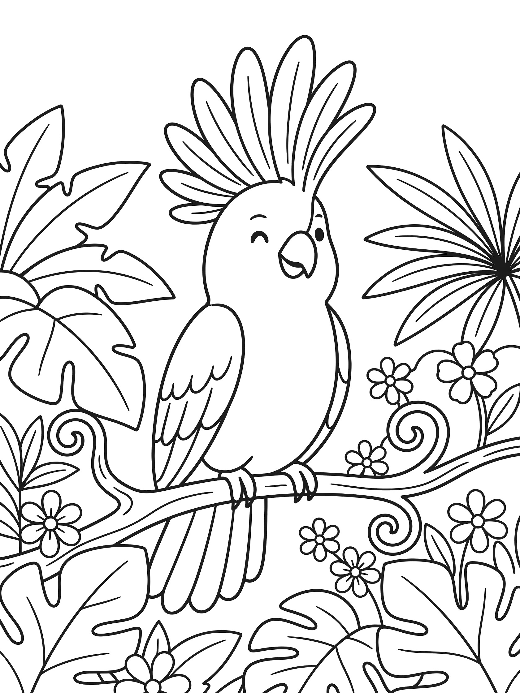Black and white line art coloring page showing a cartoon cockatoo parrot with puffed crest sitting on a curly branch with large leaves and tiny flowers around it.