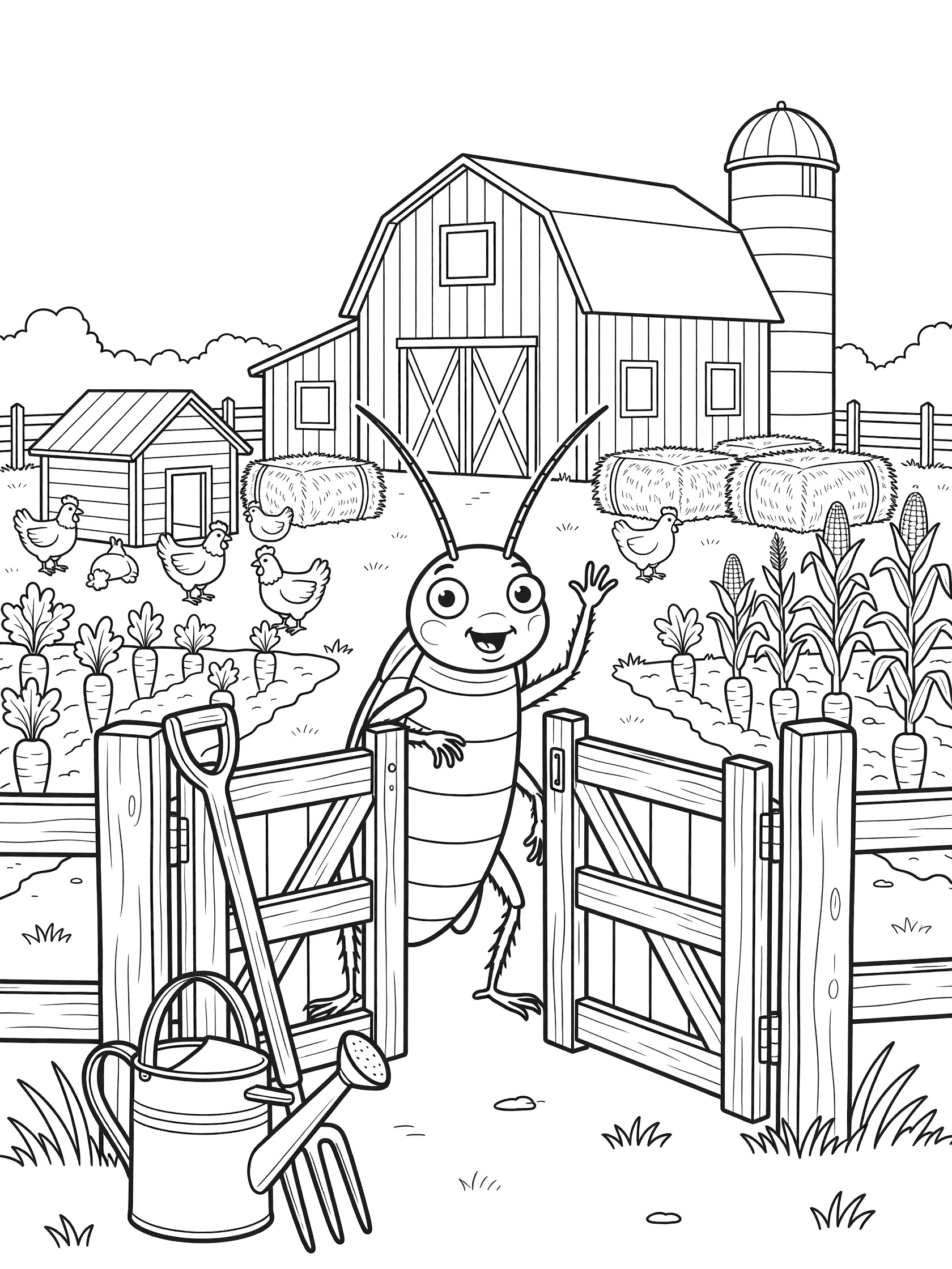 Black and white line art of a cartoon cockroach standing at a wooden farm gate, waving, with barn, silo, chickens, hay bales, corn stalks, carrots, small shed, and watering can in the background.