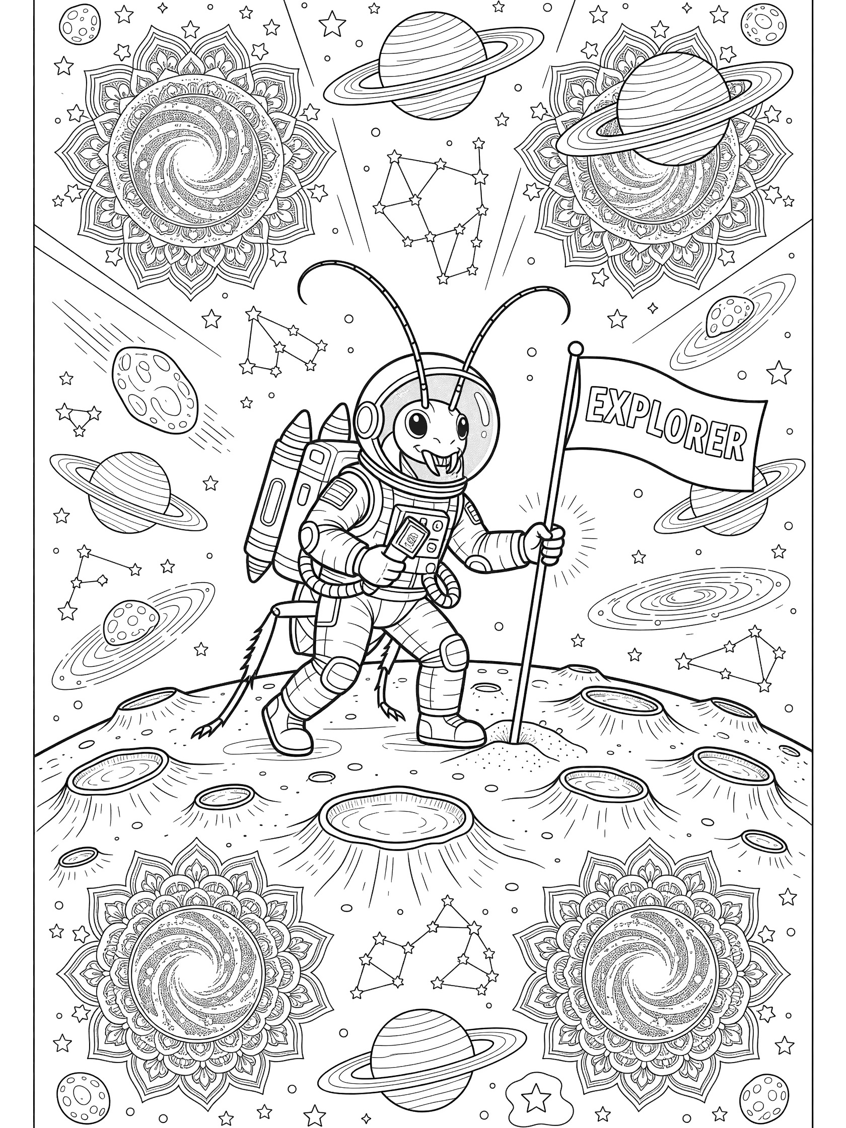 Black and white coloring page of a cockroach astronaut wearing a helmet and jetpack, striding on an alien moon surface while holding a flag, surrounded by symmetrical space mandala designs with asteroids, planets, and constellations.