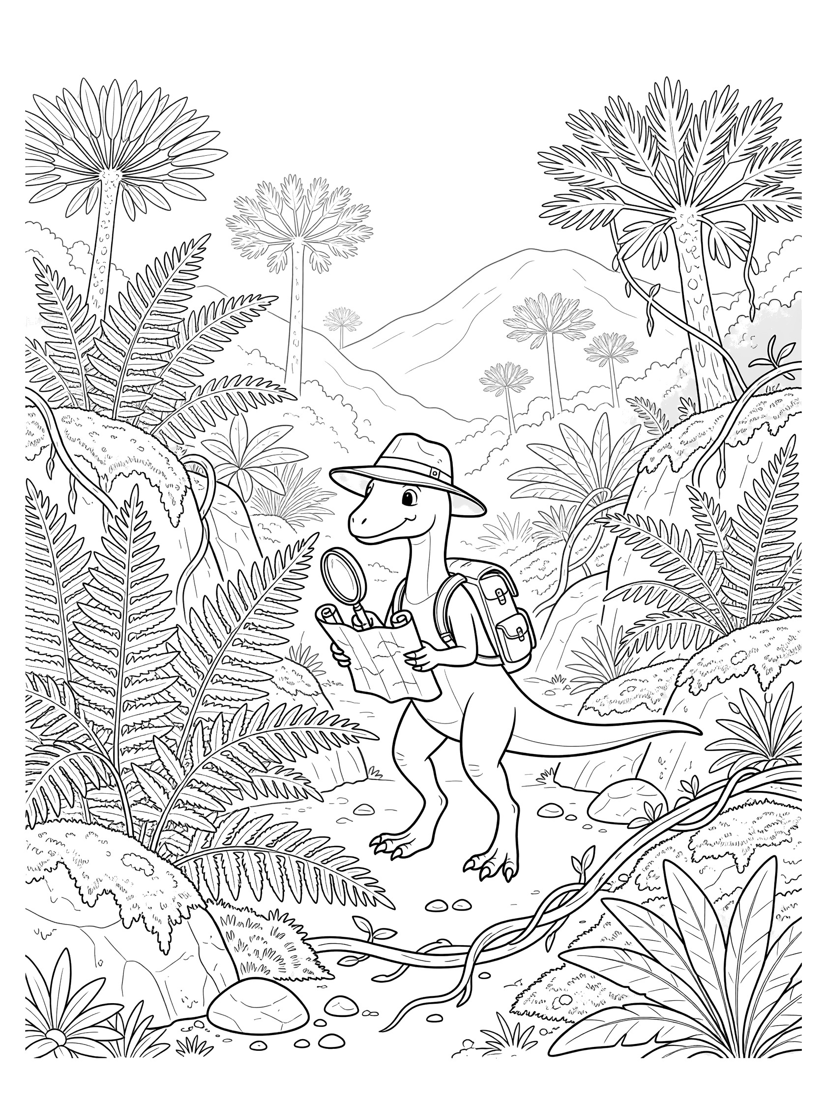 Black and white line art of a slender Coelophysis dinosaur standing on hind legs, wearing a safari hat and backpack, holding a map and magnifying glass near a fern in a detailed prehistoric forest.