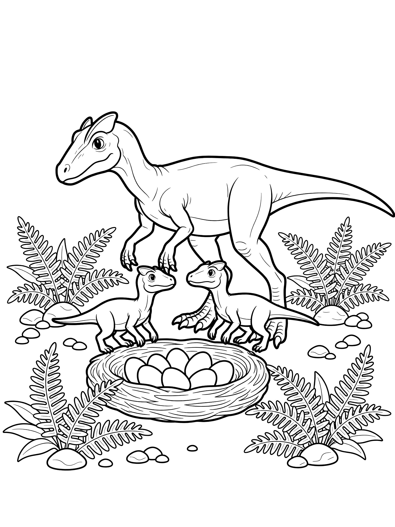 Black and white line art coloring page showing a tall parent Coelophysis dinosaur protectively over two small baby Coelophysis dinosaurs peeking out near a nest full of eggs, surrounded by ferns and pebbles. Dinosaur Eggs themed black and white printable line art