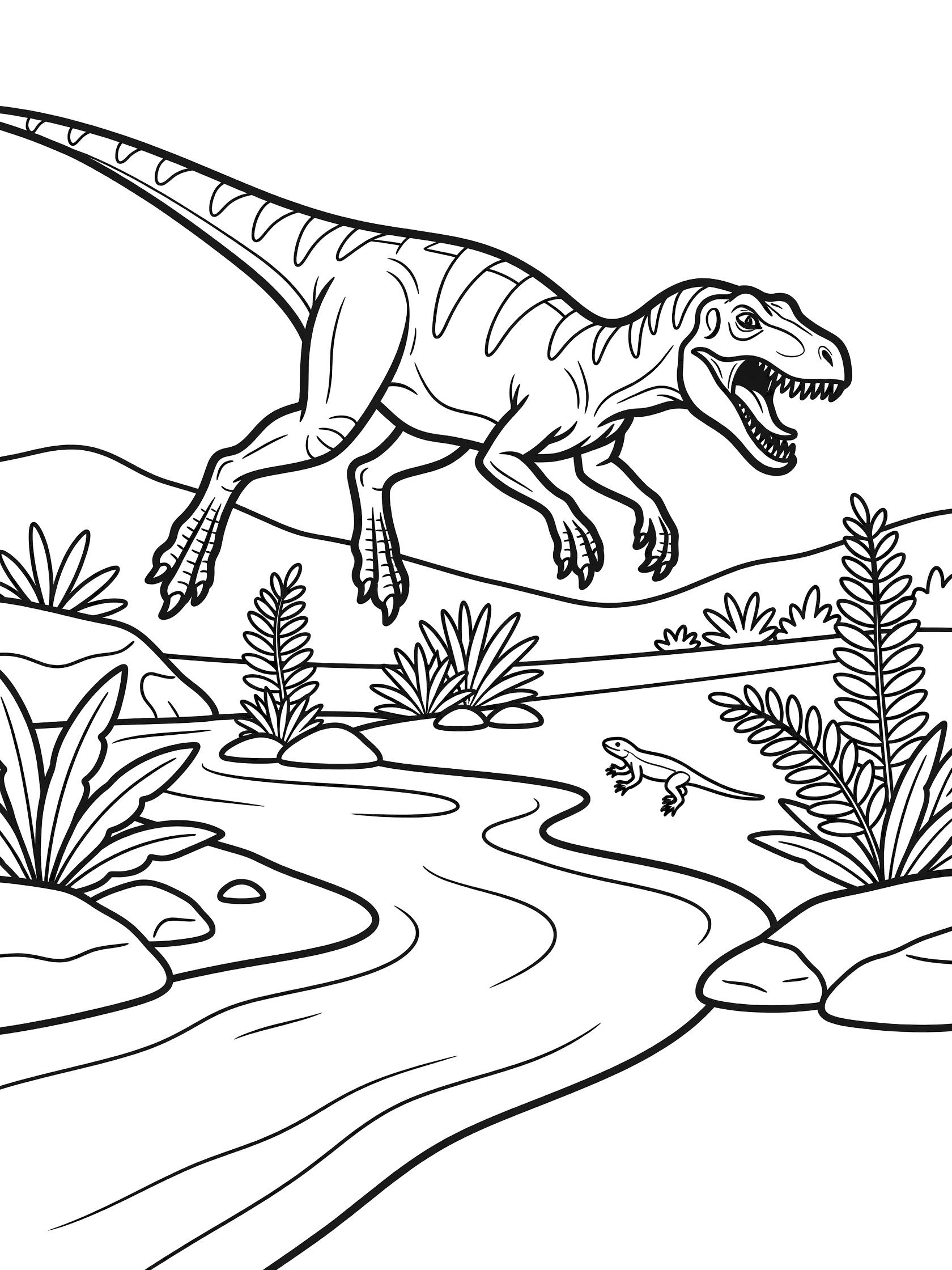 Black and white coloring page of Coelophysis dinosaur in dynamic leaping pose chasing a lizard in riverside scene with ferns, rocks, and hills