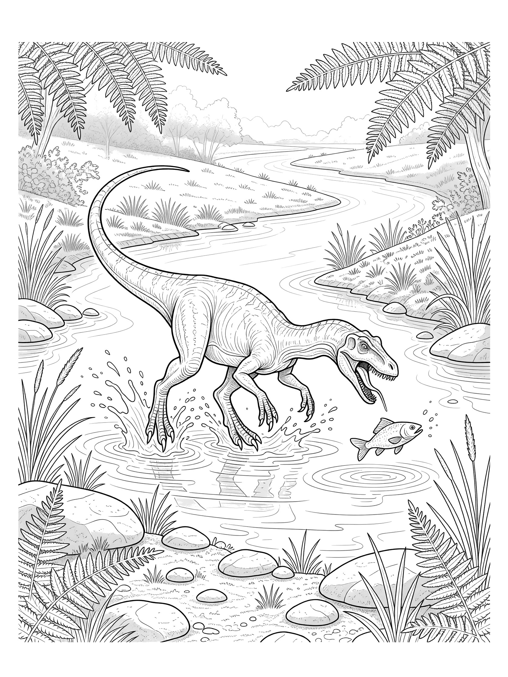 Black and white line art coloring page of a Coelophysis dinosaur wading through river water with one foot raised, mouth open snapping at a jumping fish, surrounded by rocks, reeds, ferns, and a flowing river.