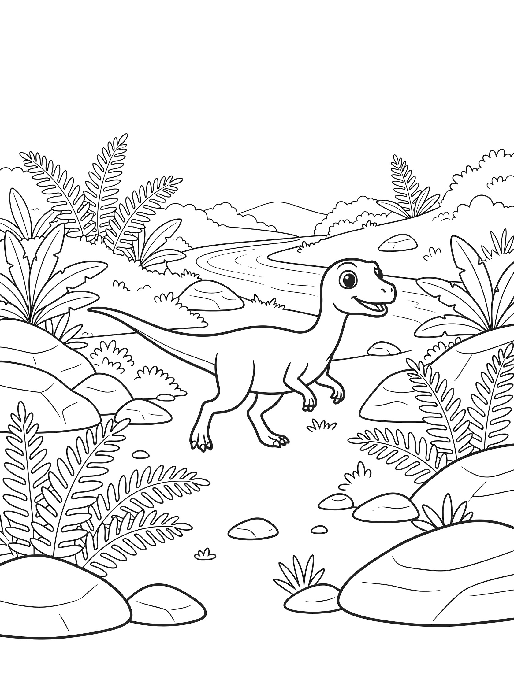 Cute cartoon Coelophysis dinosaur running dynamically in a lush prehistoric valley coloring page with ferns, rocks, bushes, distant river, and hills