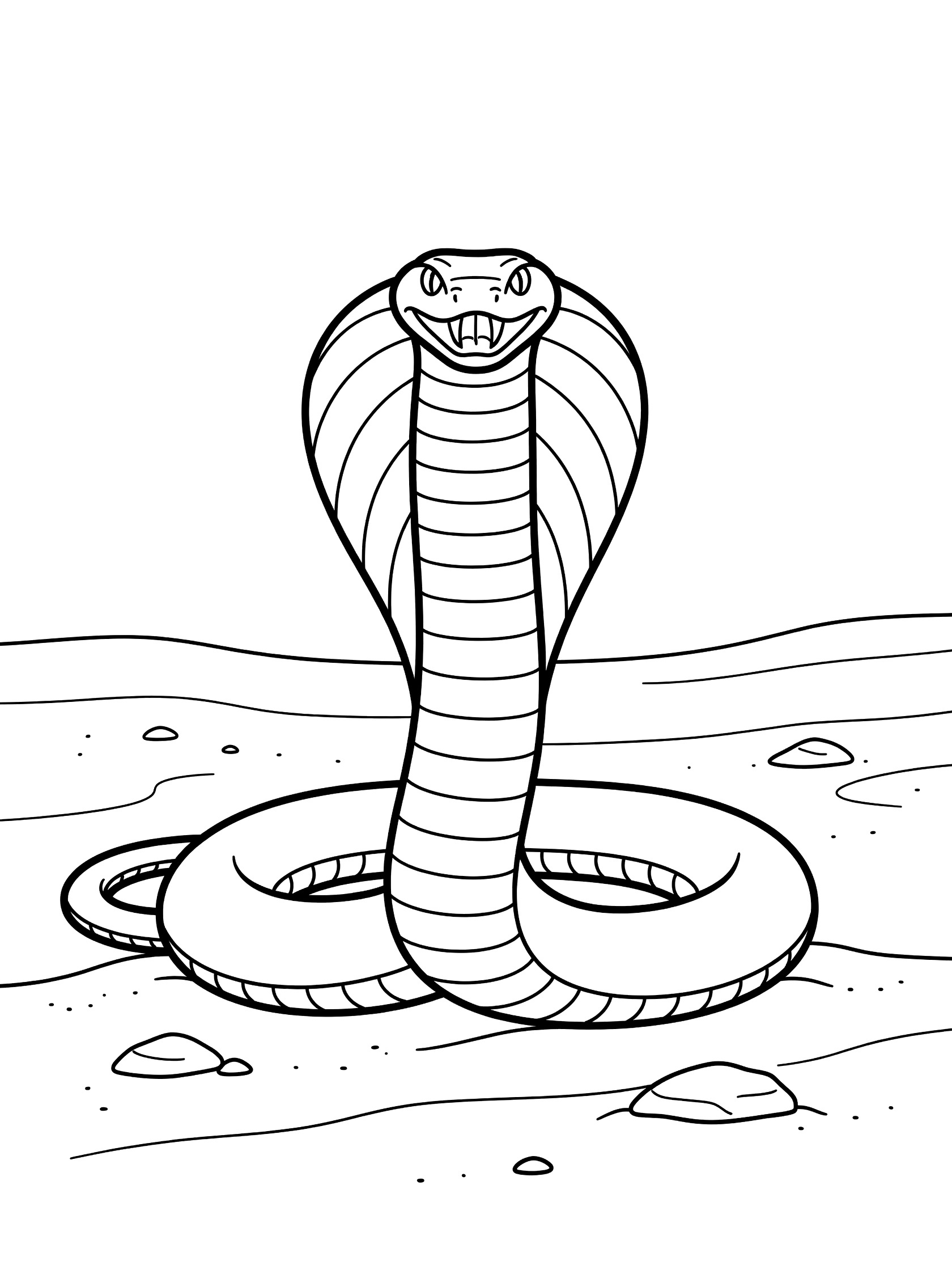 Black and white line art coloring page of a coiled cobra snake with expanded hood, open mouth, and body on sandy desert ground with small rocks.
