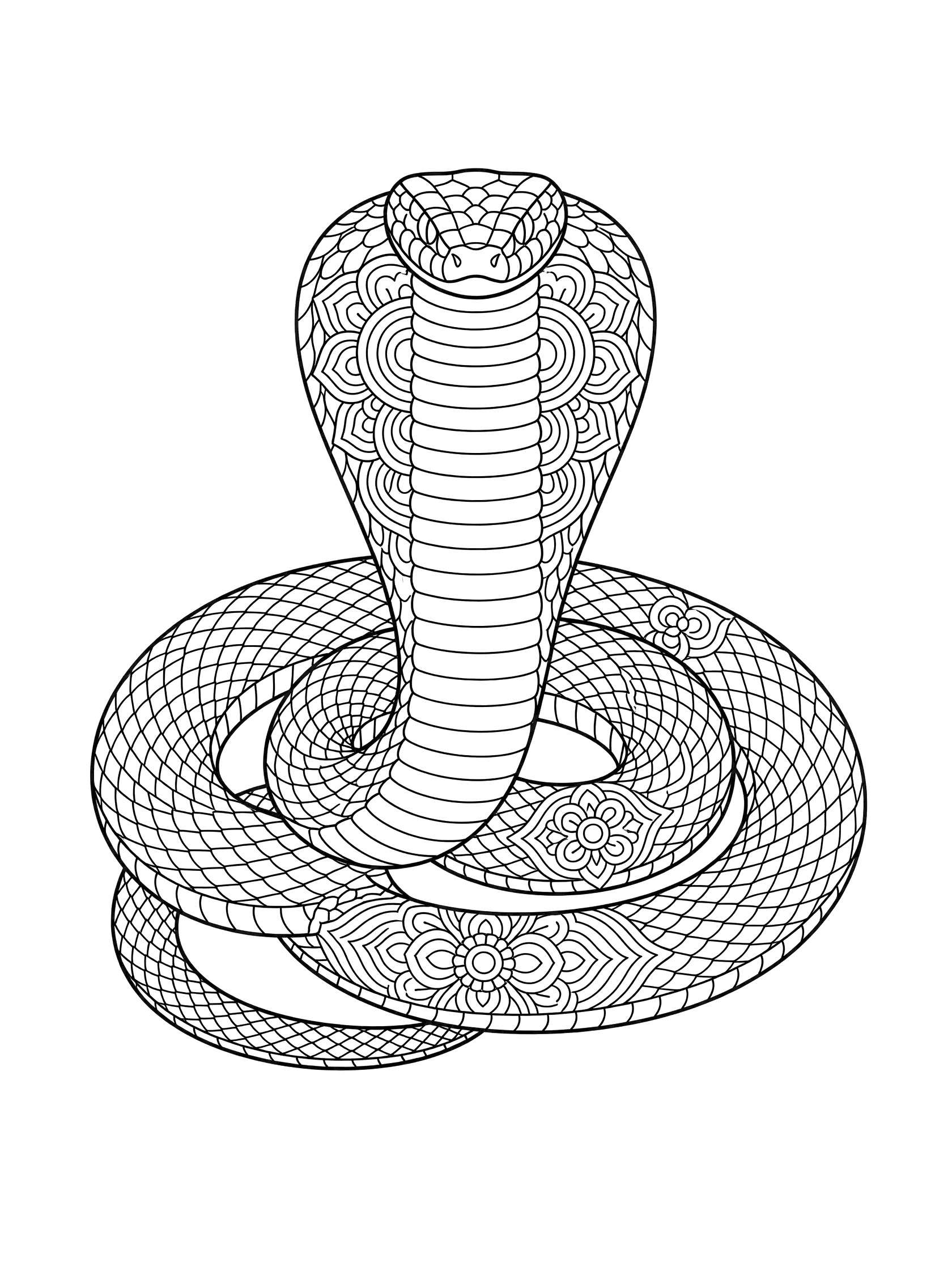 Black and white coloring page of a cobra snake coiled in a symmetrical pose with intricate scale and mandala patterns.