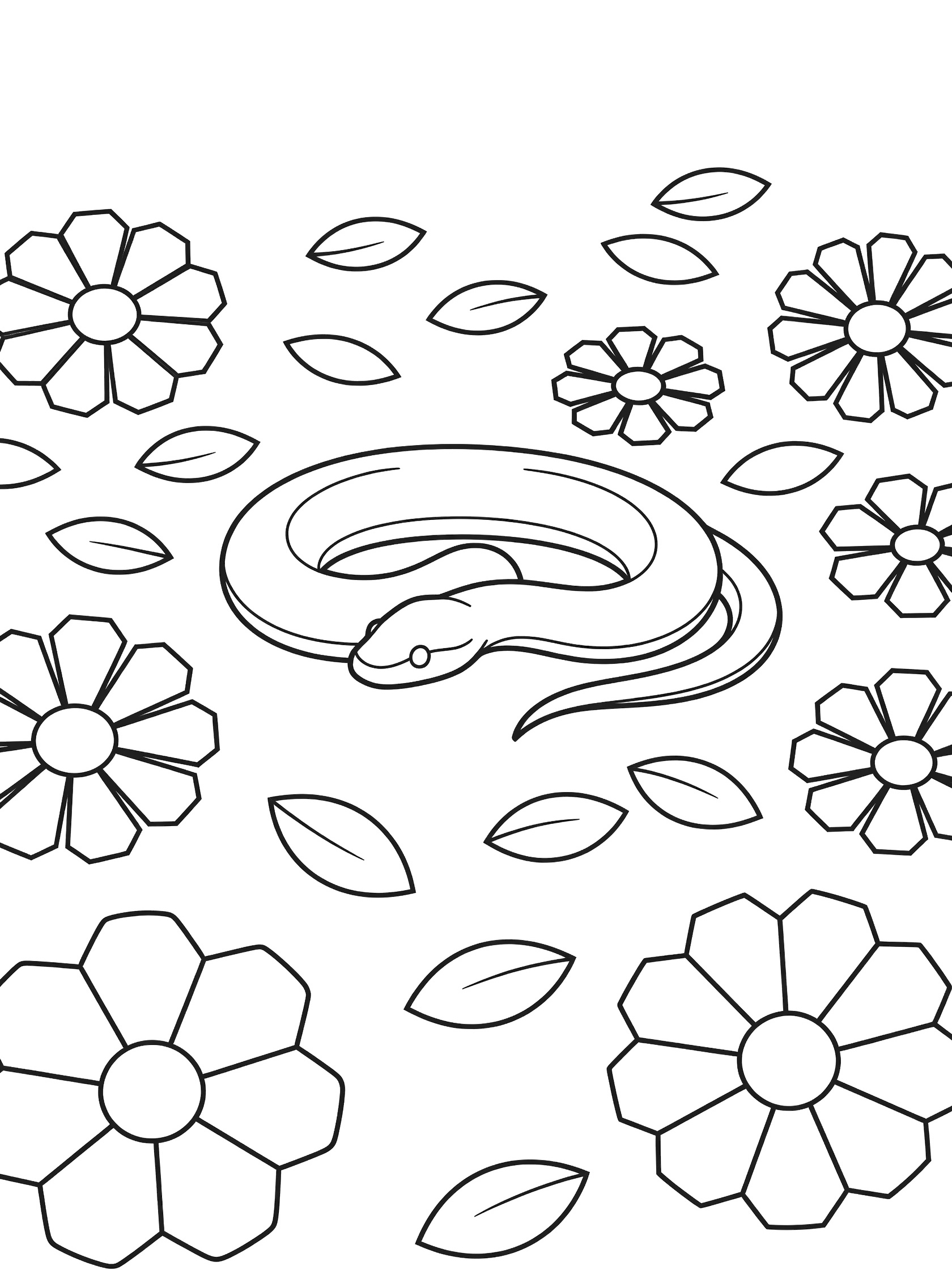Black and white line drawing of a coiled snake resting among simple geometric flowers and scattered leaves on a white background. Viper themed black and white printable line art