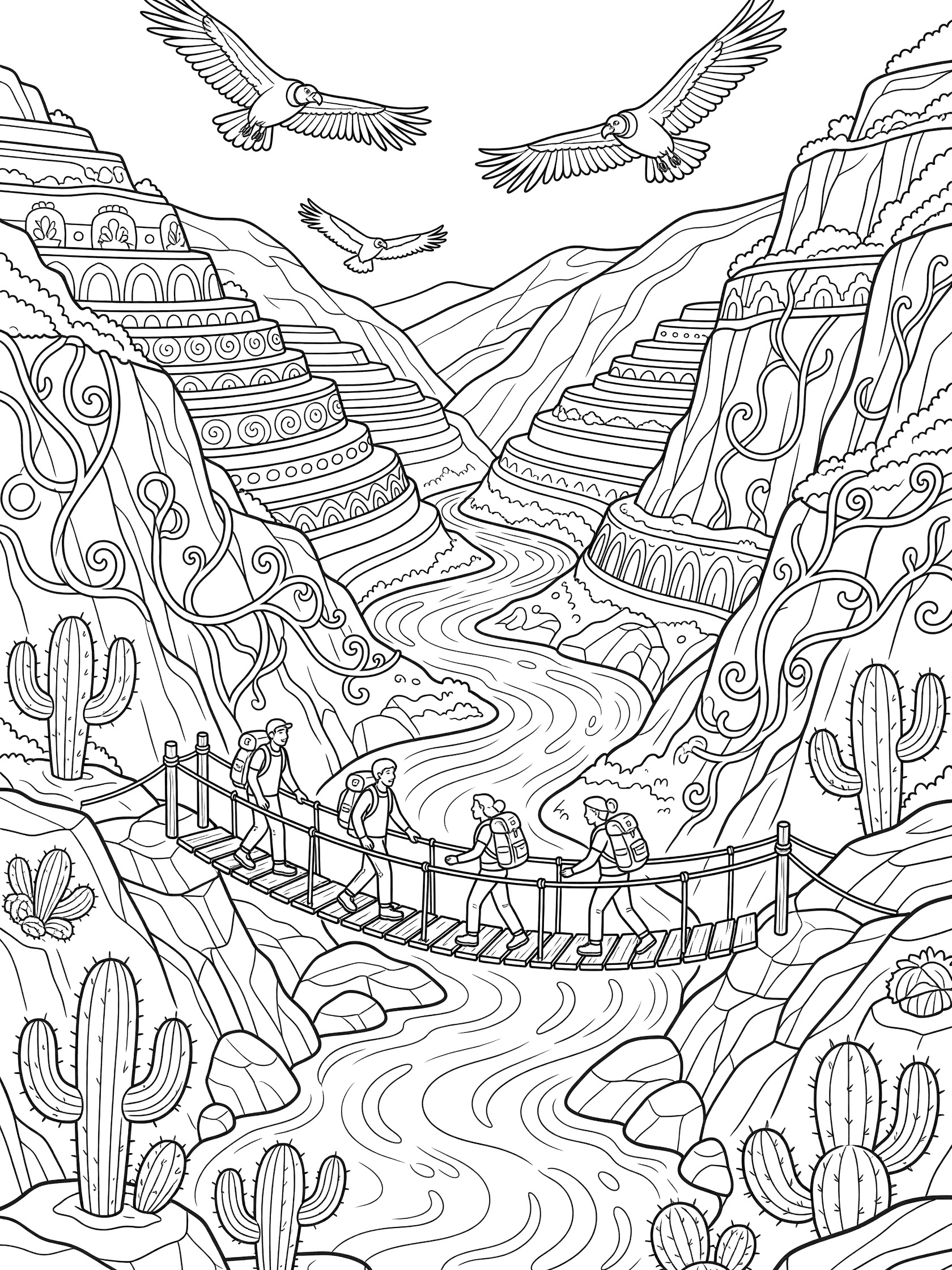 Black and white line art coloring page of Colca Canyon showing terraced cliffs, winding river, hikers crossing rope bridge, cacti, rocks and condors flying overhead.