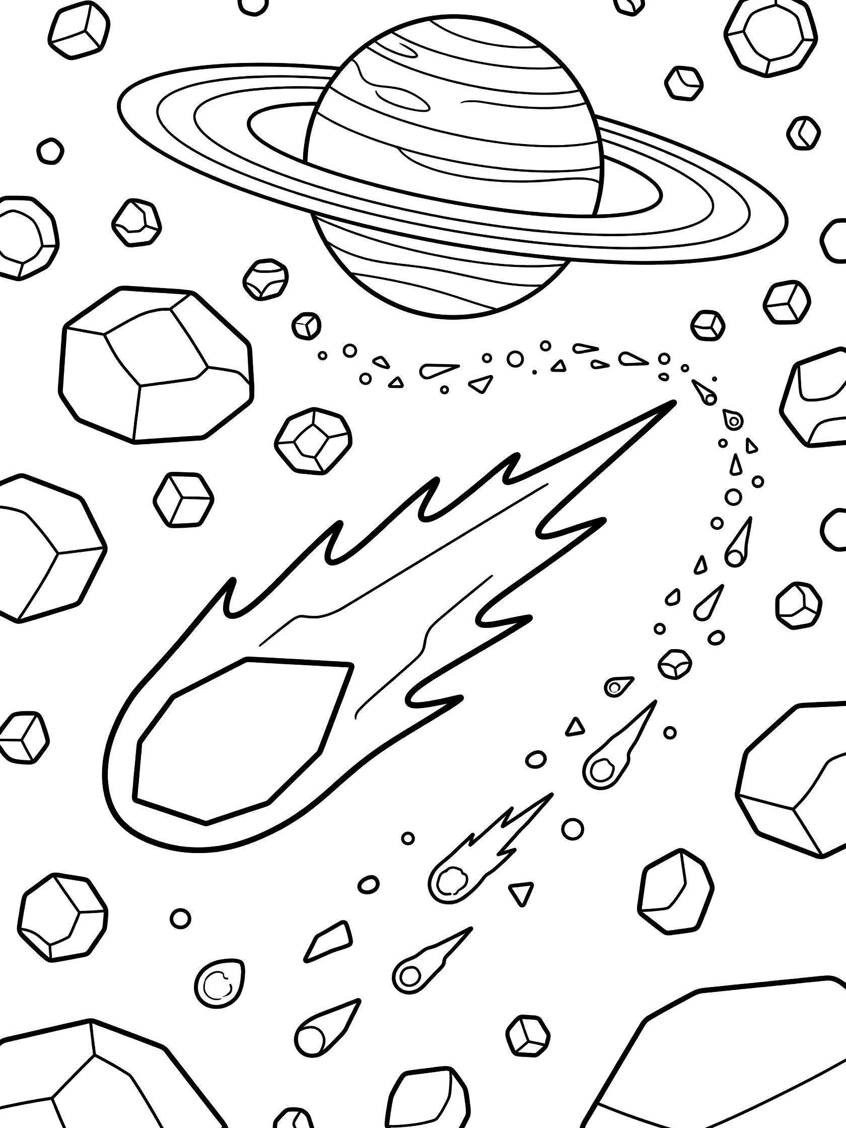 Line art coloring page showing a geometric comet chasing meteors in an asteroid belt orbiting a distant ringed gas giant planet
