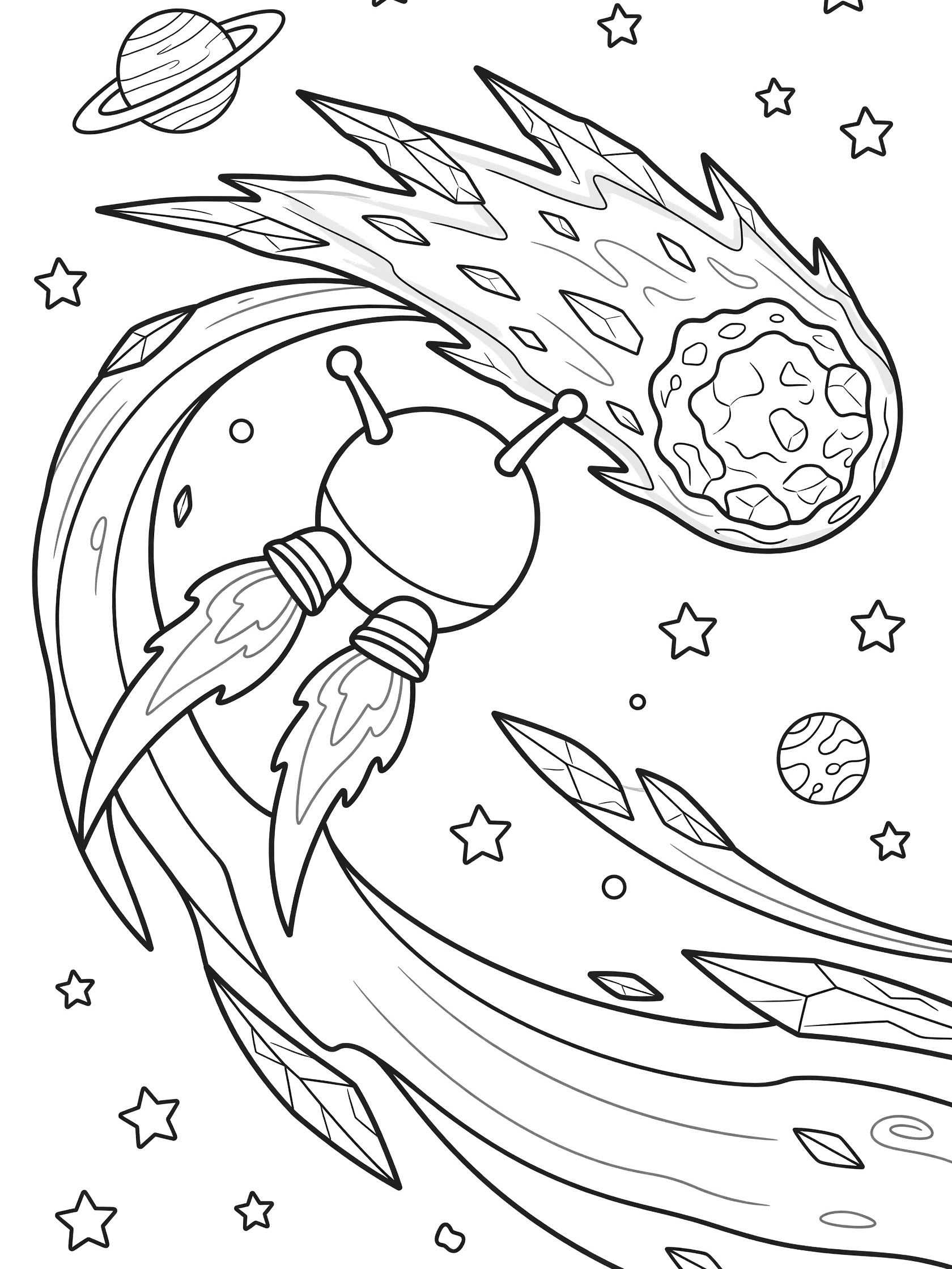 Cute cartoon comet probe approaching a sparkling comet coloring page with starry space background