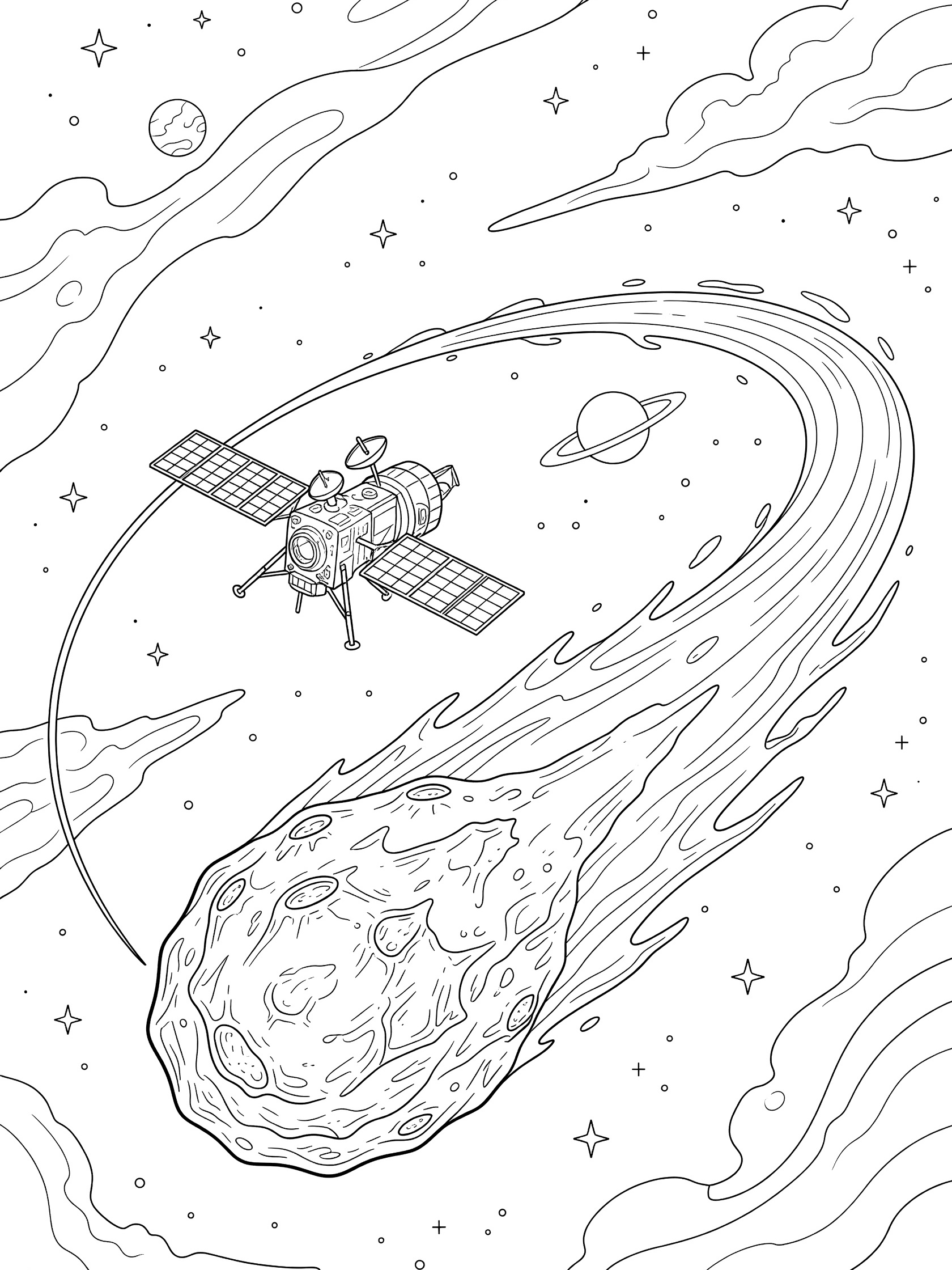 Black and white line art coloring page showing a detailed comet probe with solar panels and antennas orbiting an irregular rocky comet with a curved dust tail, stars, planet, and space clouds in the background.