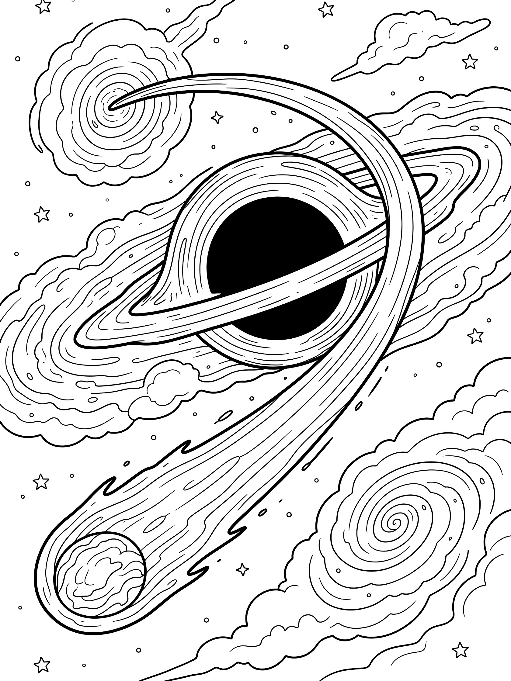 Black and white line art of a comet spiraling into a black hole with swirling gas clouds, distant stars, and galaxy background