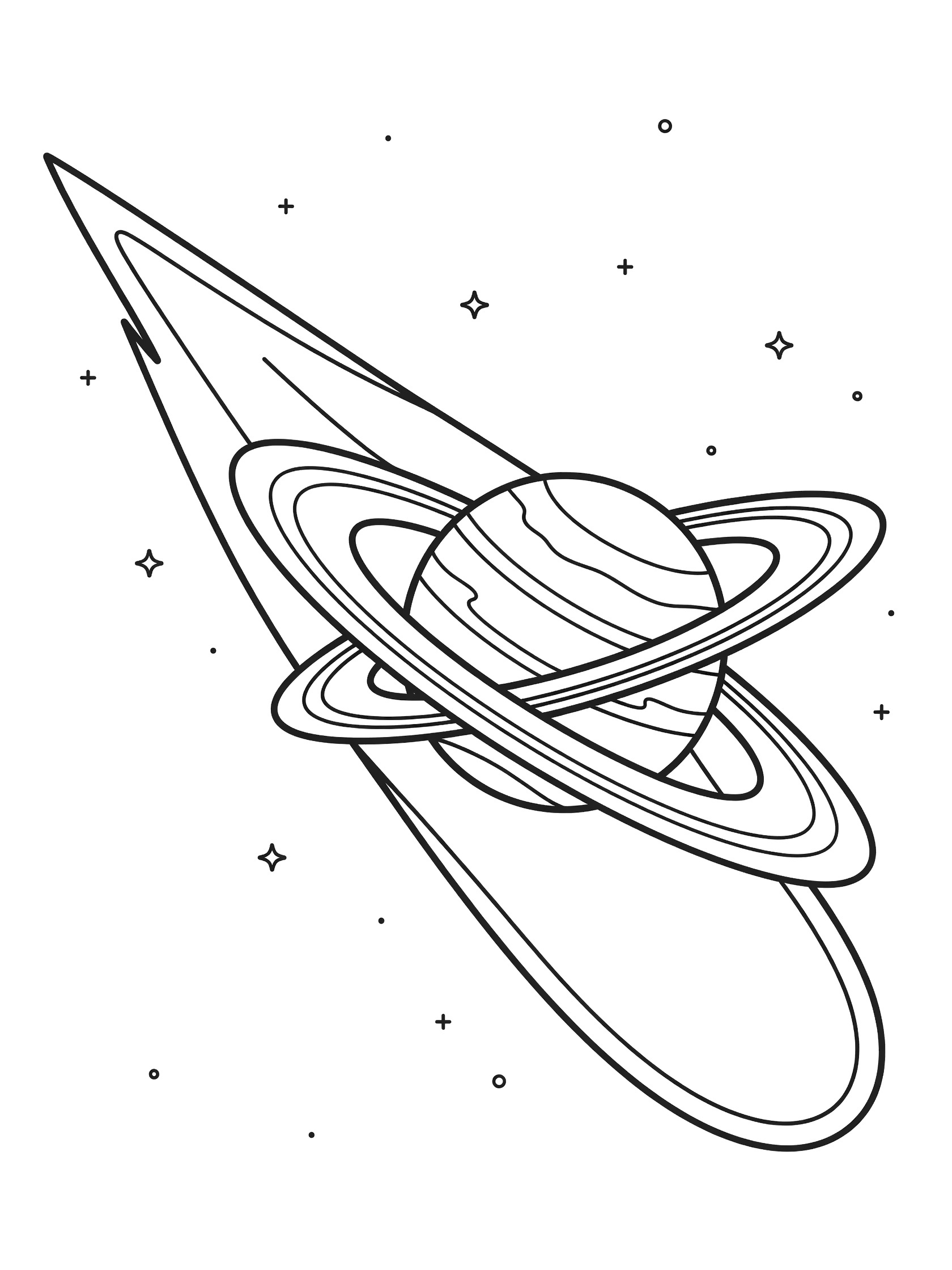 Black and white line art of a comet with long curving tail flying past Saturn showing planet rings and bands plus sparse stars.