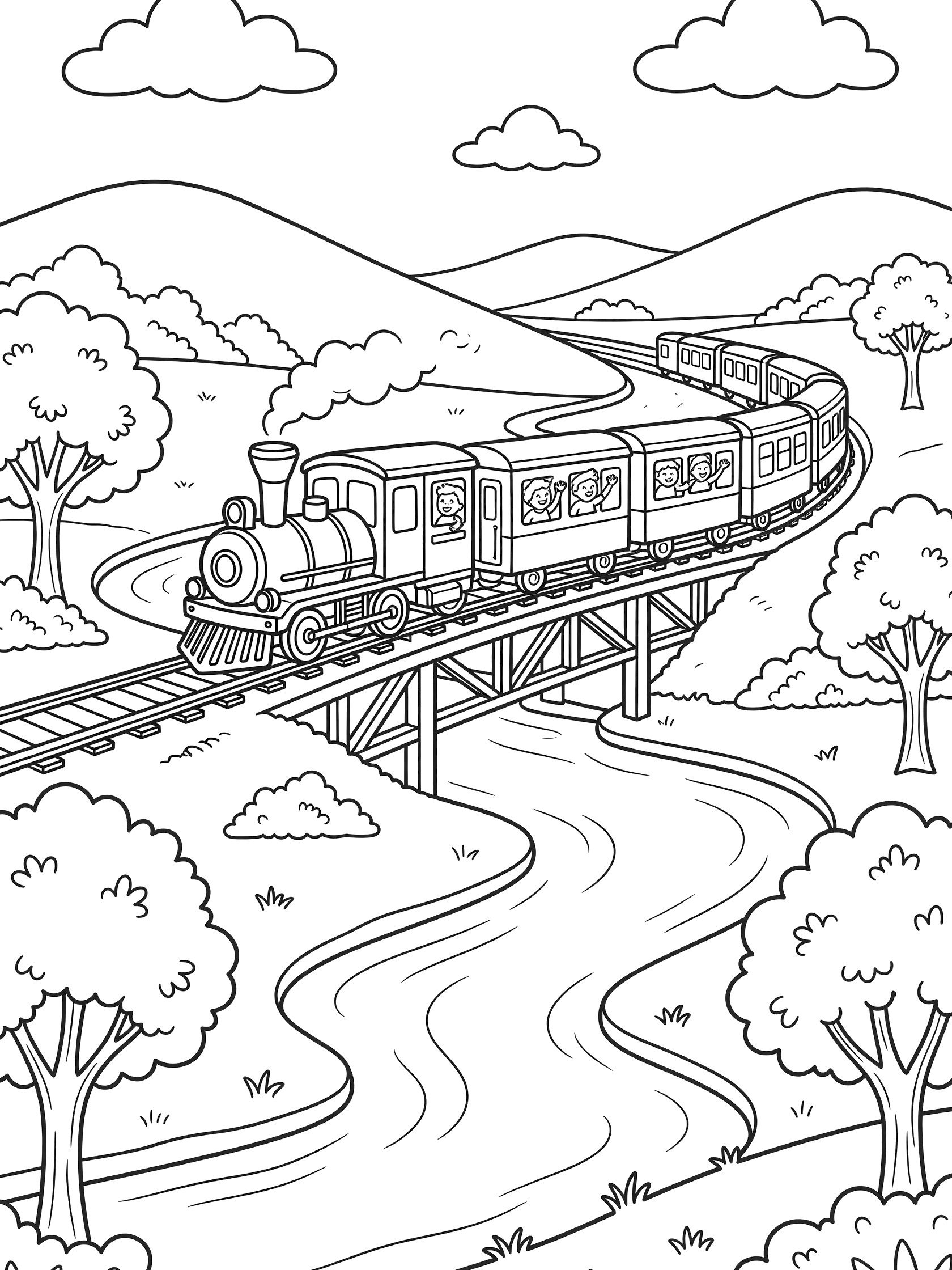 Black-and-white line art of a commuter train with passenger cars crossing a bridge over a curving river, surrounded by trees, grassy banks, hills, and clouds.