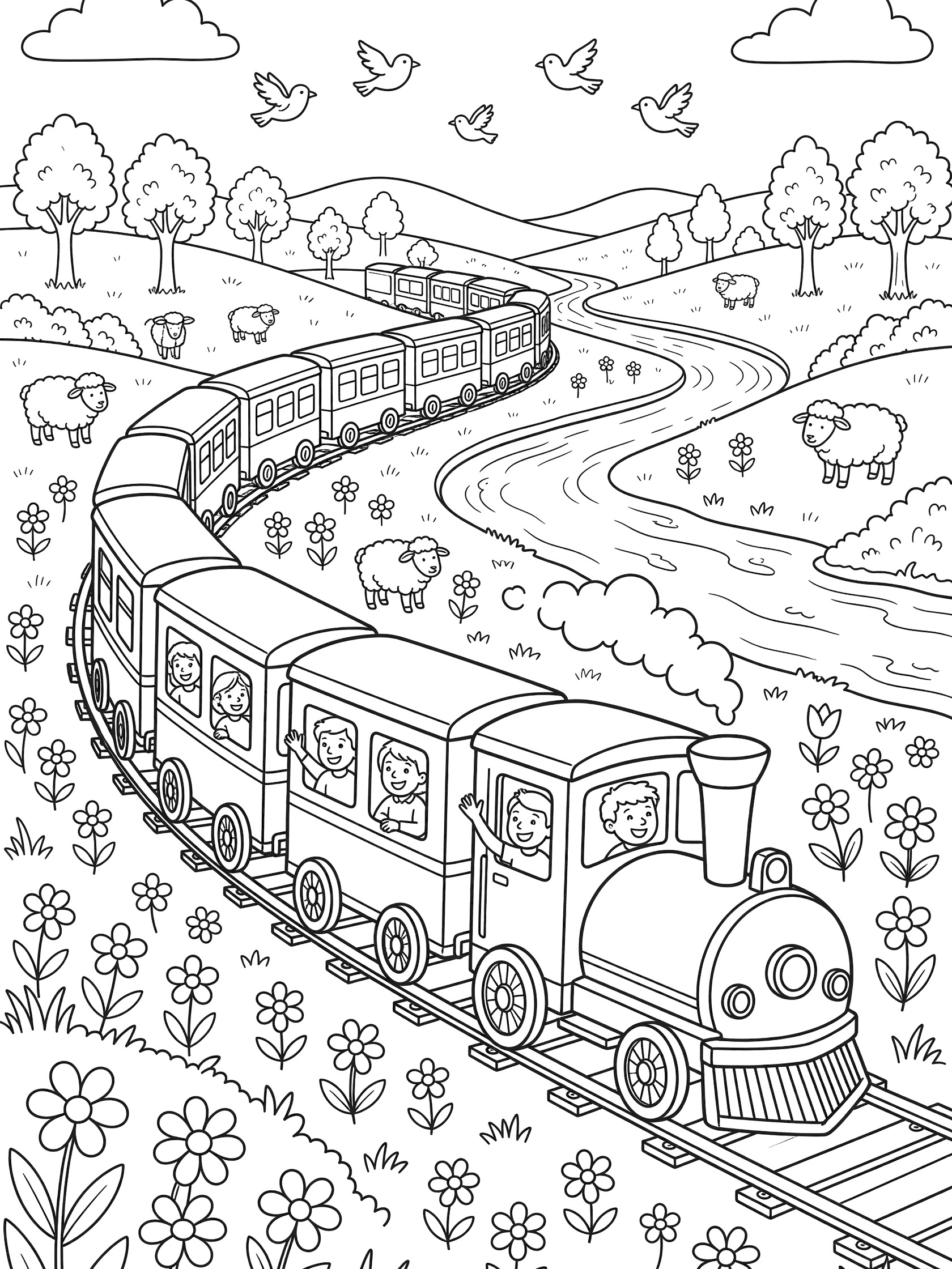 Black and white line art of a commuter train on winding tracks through countryside with hills, river, sheep, birds, trees, and wildflowers.