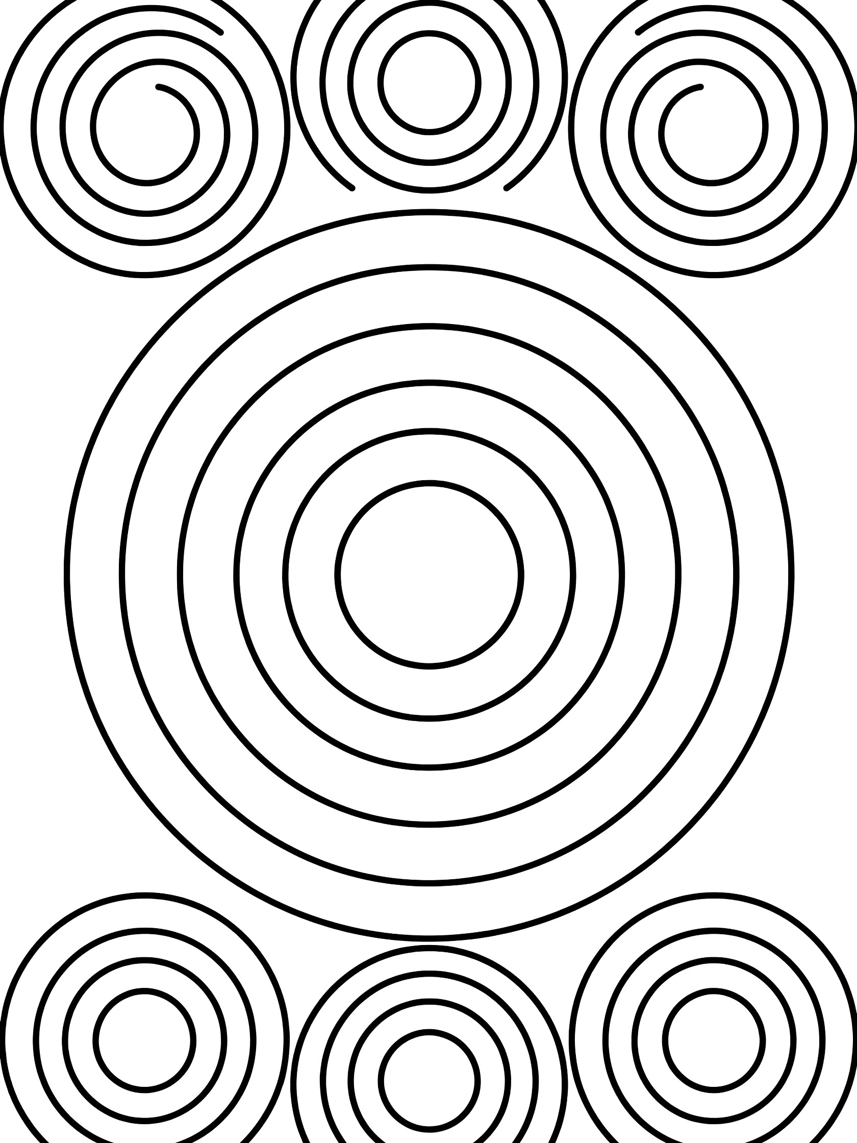 Black and white line art coloring page featuring a large central circle with concentric rings surrounded by smaller circles and spirals.